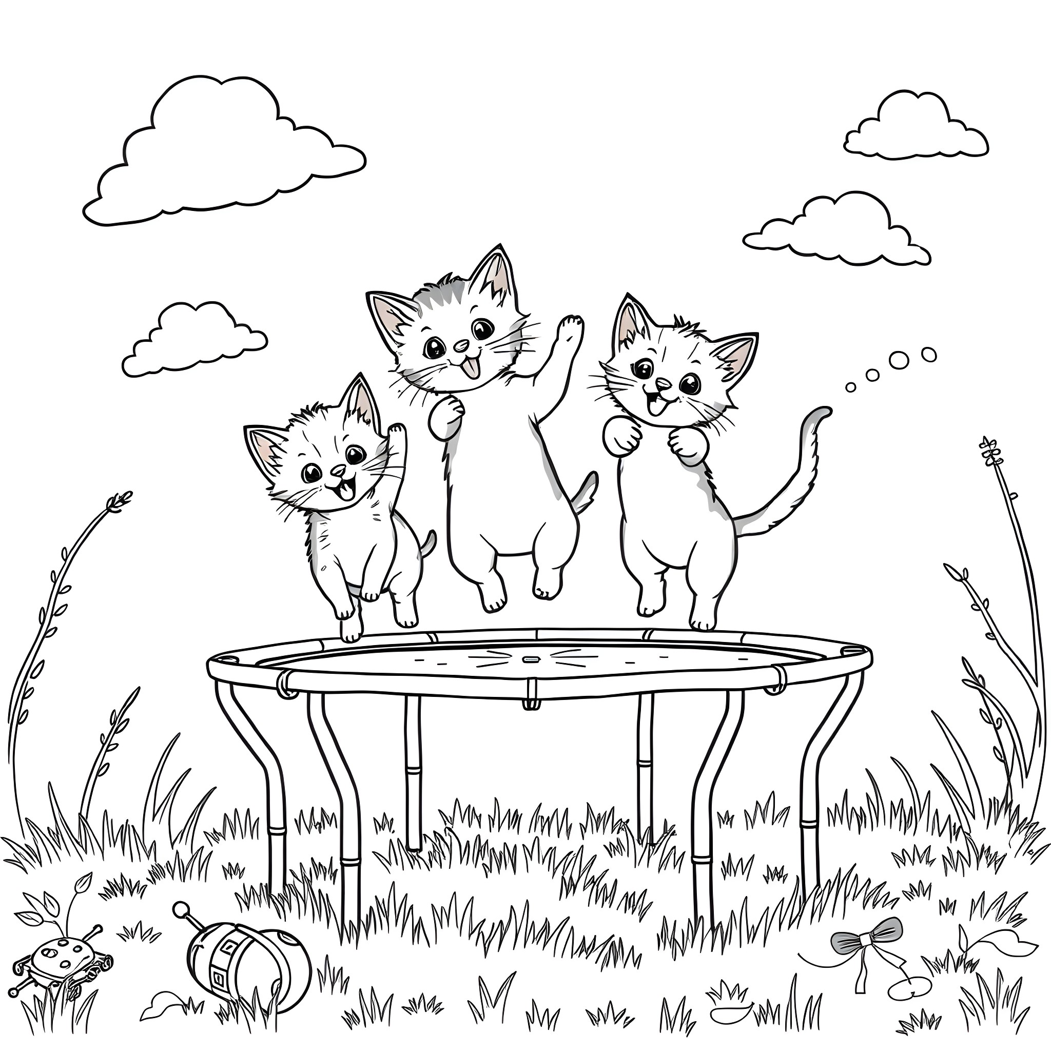 Kittens playing joyfully on a trampoline in nature Coloring Page (free black-and-white line drawing printable PDF for all, from beginners to advanced learners, including children, teens, adults, and seniors)