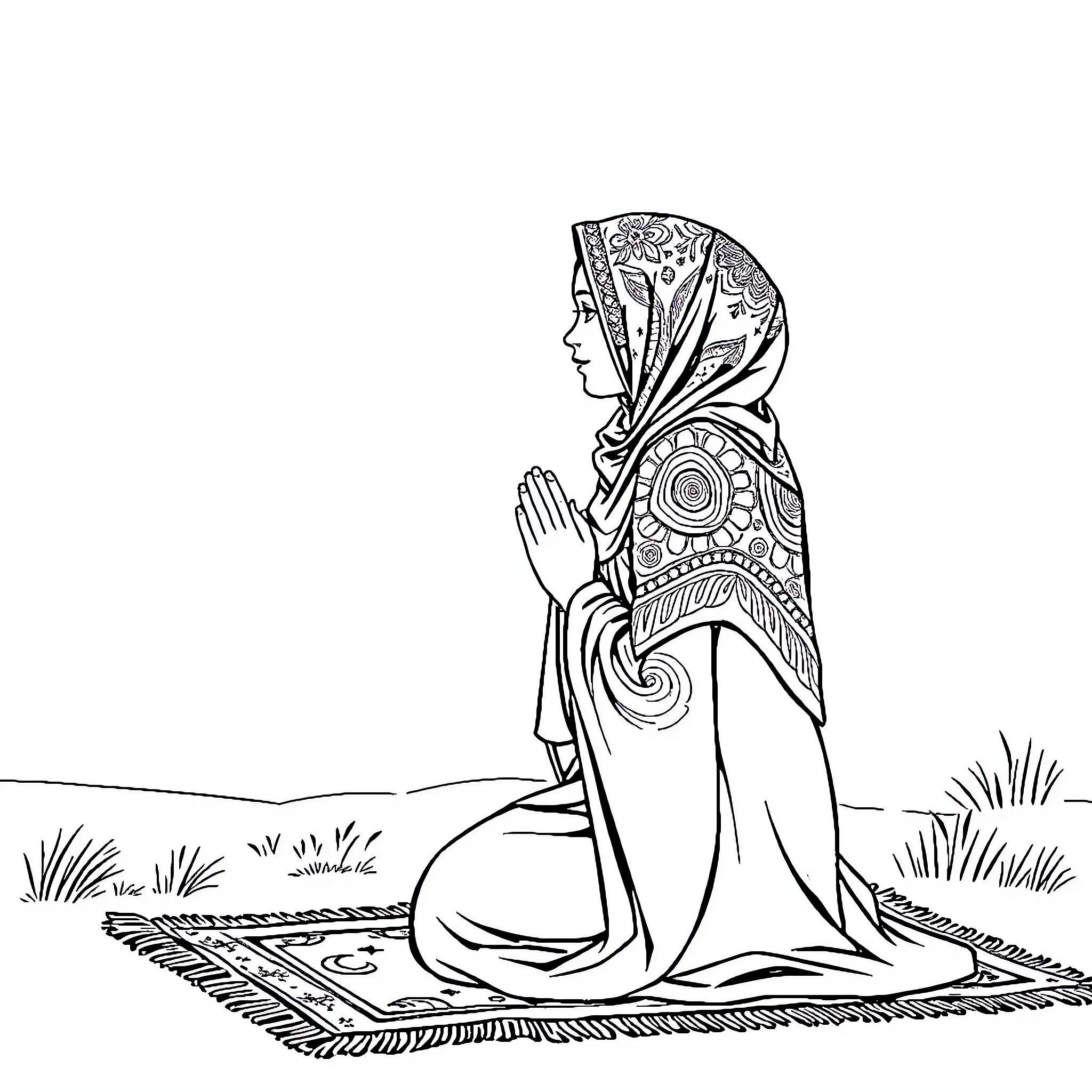 Sabrina praying peacefully in a serene setting Coloring Page (free black-and-white line drawing printable PDF for all, from beginners to advanced learners, including children, teens, adults, and seniors)