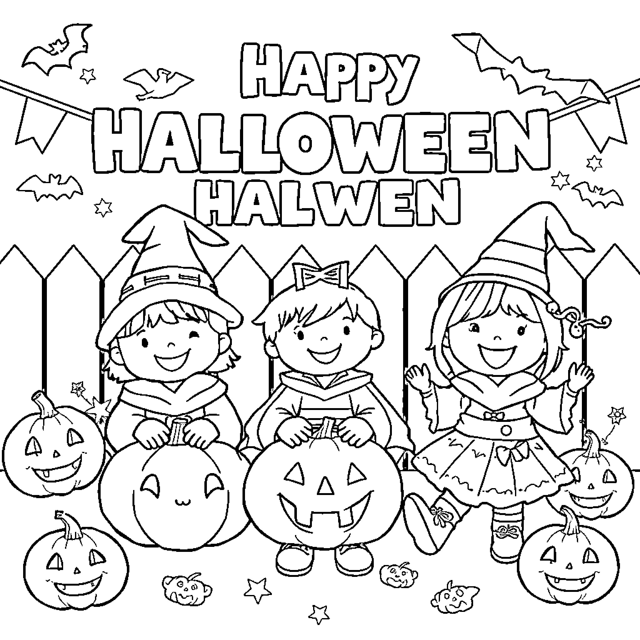 Halloween Fun with Costumed Children Coloring Page (free black-and-white line drawing printable PDF for all, from beginners to advanced learners, including children, teens, adults, and seniors)