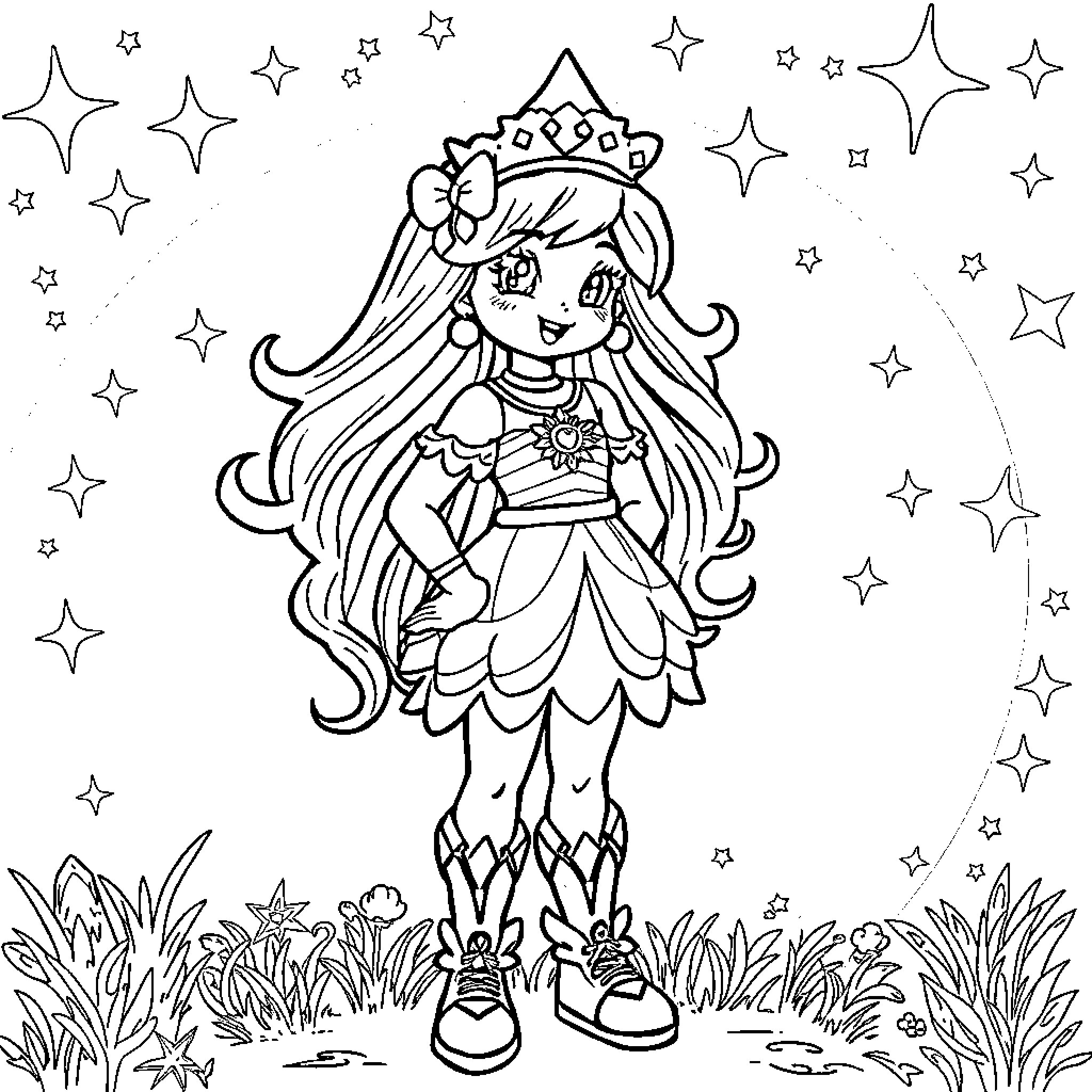 Rainbow Brite in a sparkling, magical environment Coloring Page (free black-and-white line drawing printable PDF for all, from beginners to advanced learners, including children, teens, adults, and seniors)