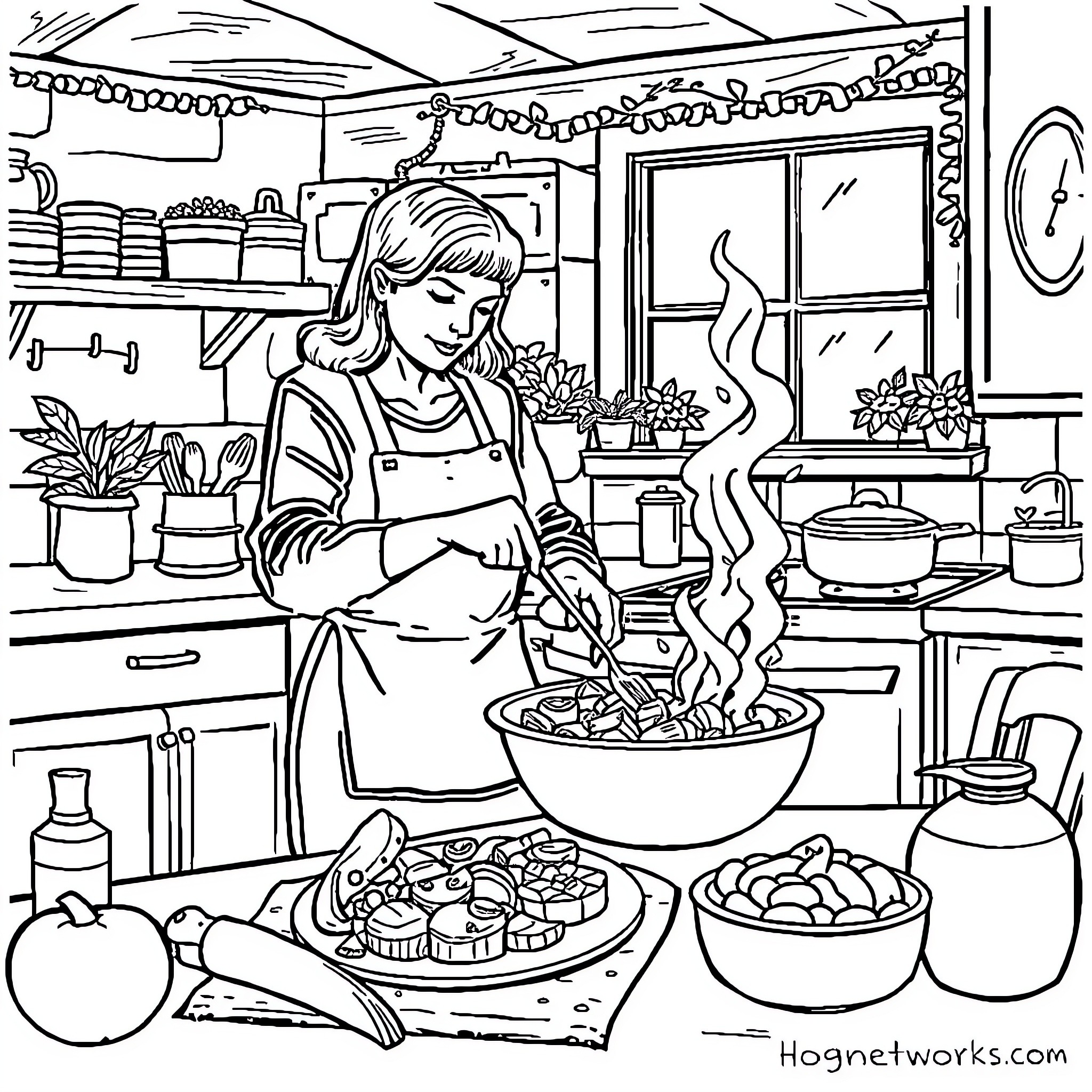 Cooking with Joy in a Cozy Kitchen Coloring Page (free black-and-white line drawing printable PDF for all, from beginners to advanced learners, including children, teens, adults, and seniors)