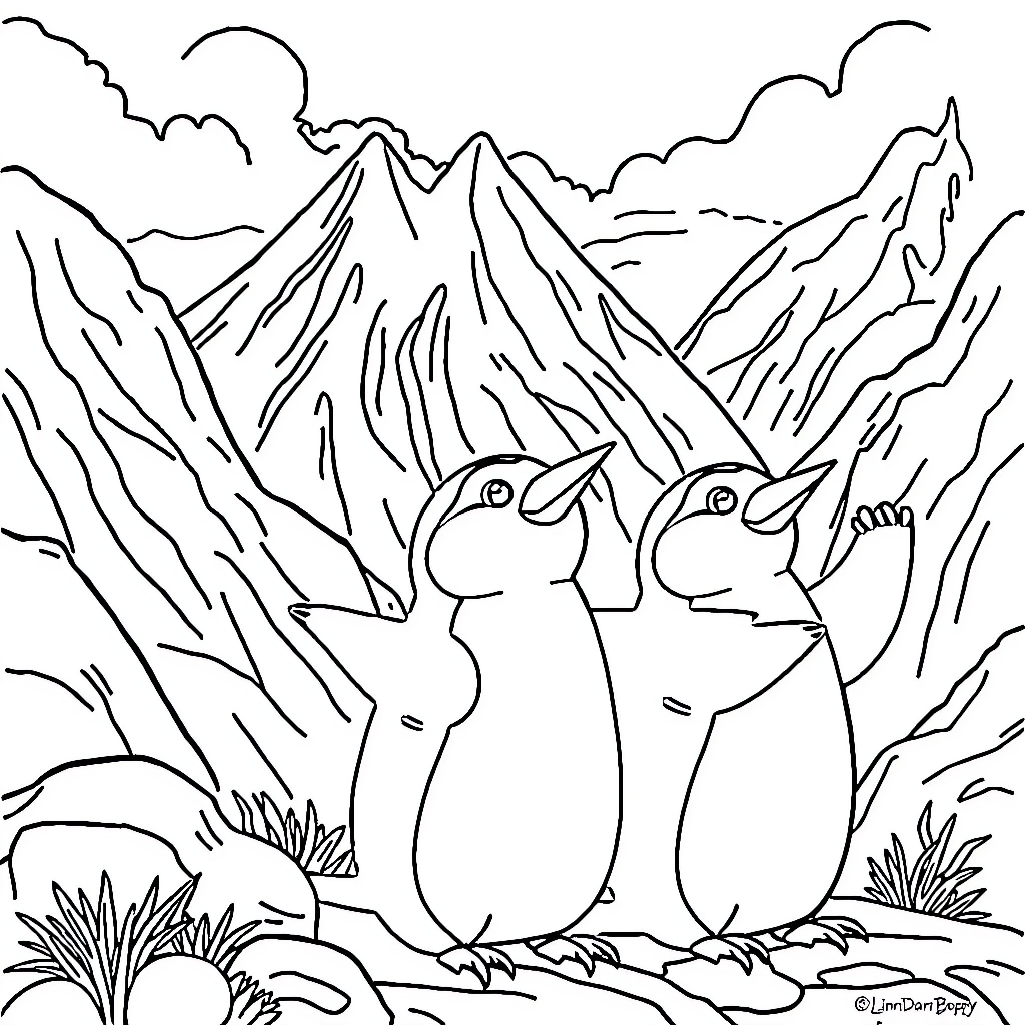 Three Little Pigs in a Mountainous Landscape Coloring Page (free black-and-white line drawing printable PDF for all, from beginners to advanced learners, including children, teens, adults, and seniors)