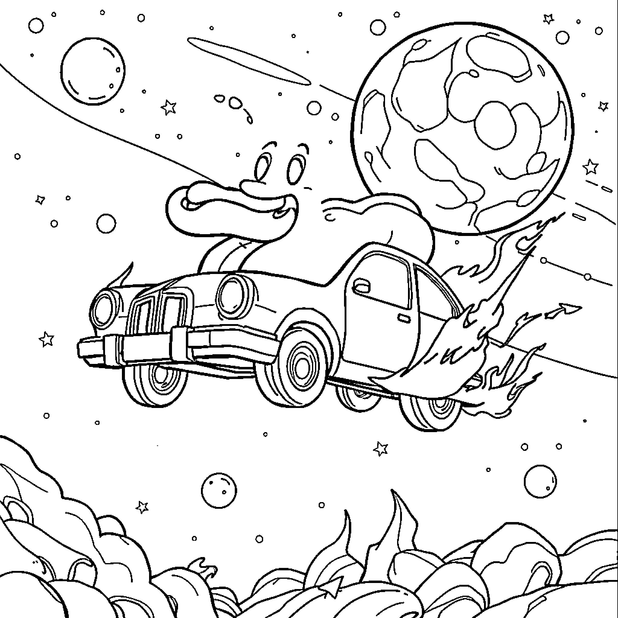 Hotdog car zooming through cosmic landscape Coloring Page (free black-and-white line drawing printable PDF for all, from beginners to advanced learners, including children, teens, adults, and seniors)