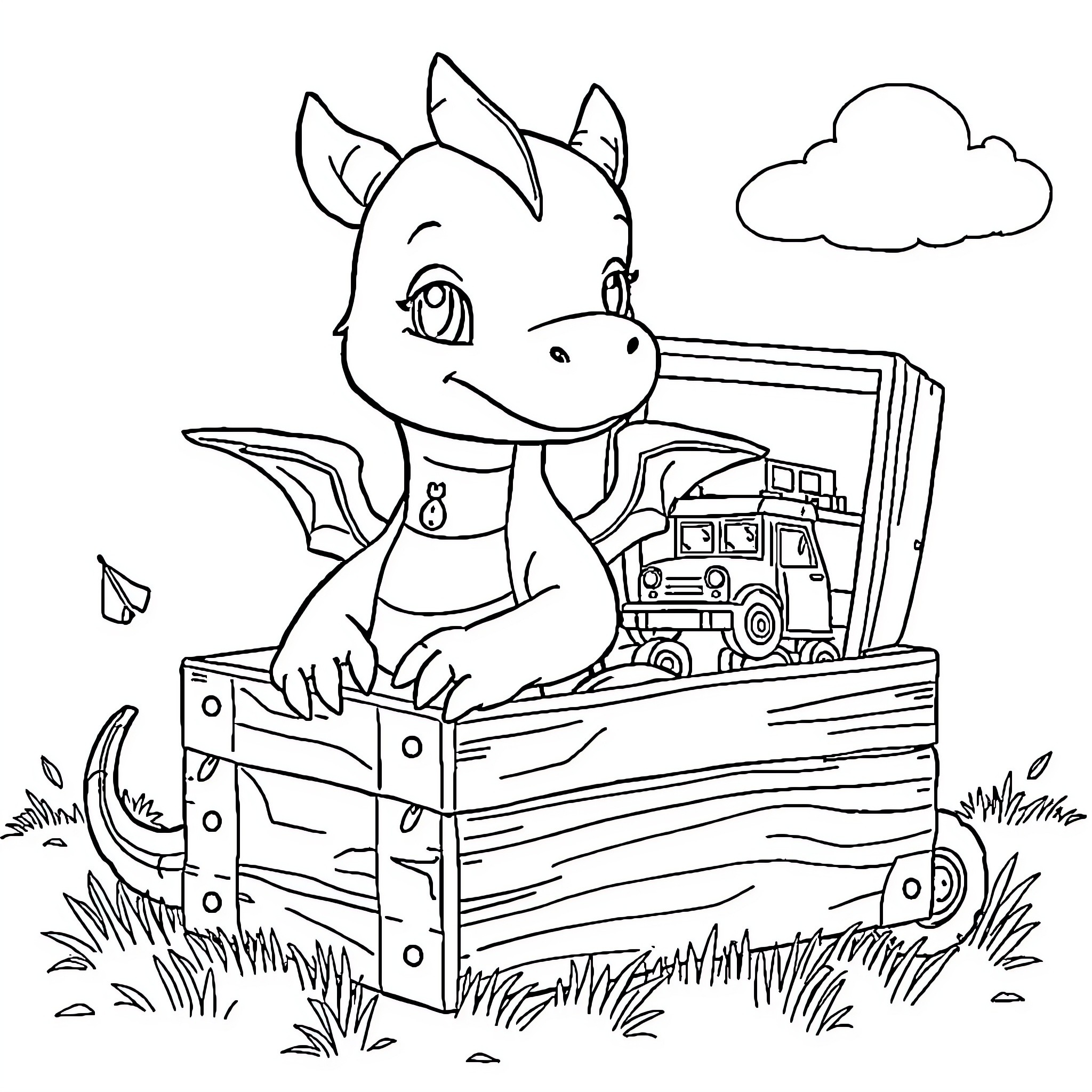Dragon Riding in Wooden Crate with Toy Truck Coloring Page (free black-and-white line drawing printable PDF for all, from beginners to advanced learners, including children, teens, adults, and seniors)