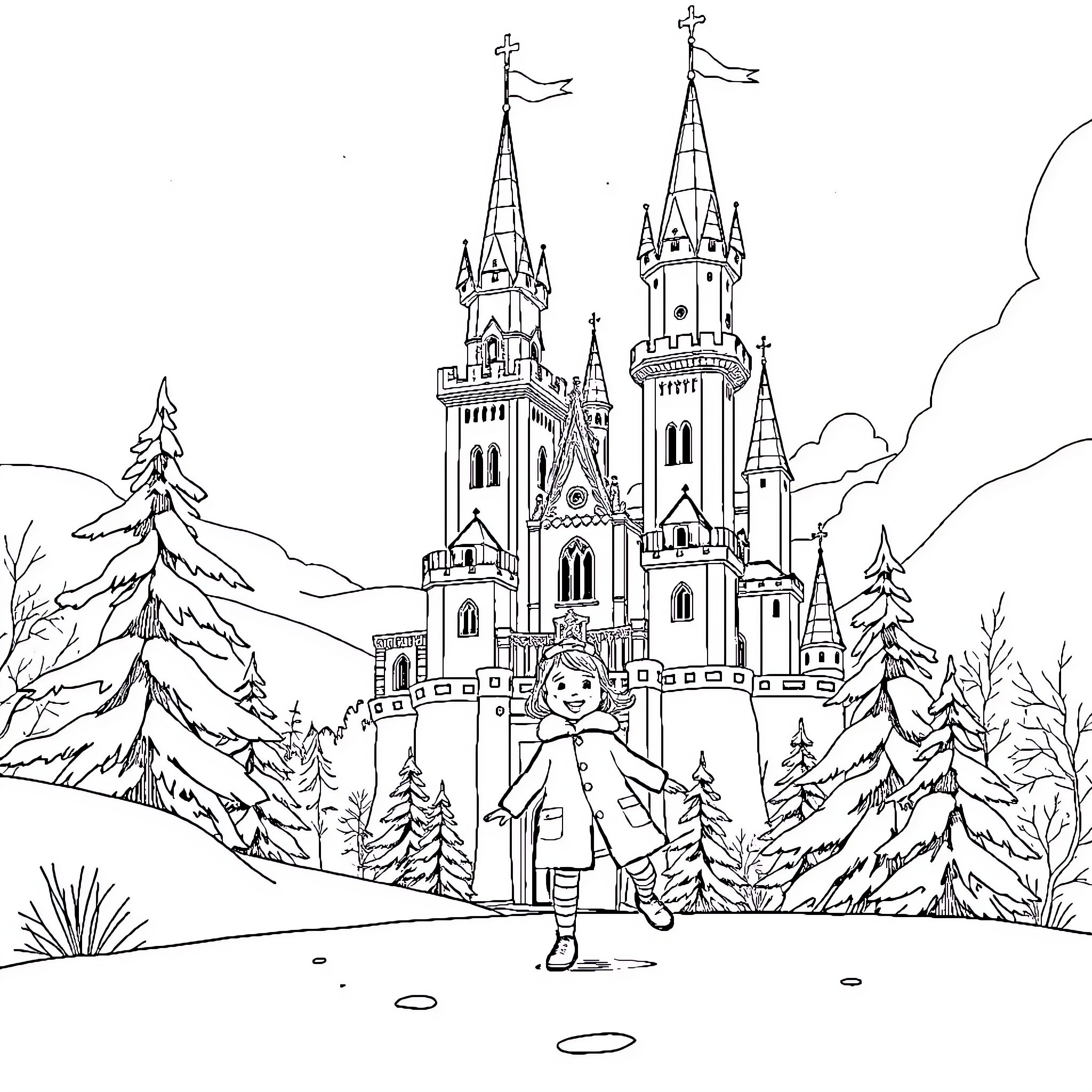 Girl exploring magical castle in a winter wonderland Coloring Page (free black-and-white line drawing printable PDF for all, from beginners to advanced learners, including children, teens, adults, and seniors)