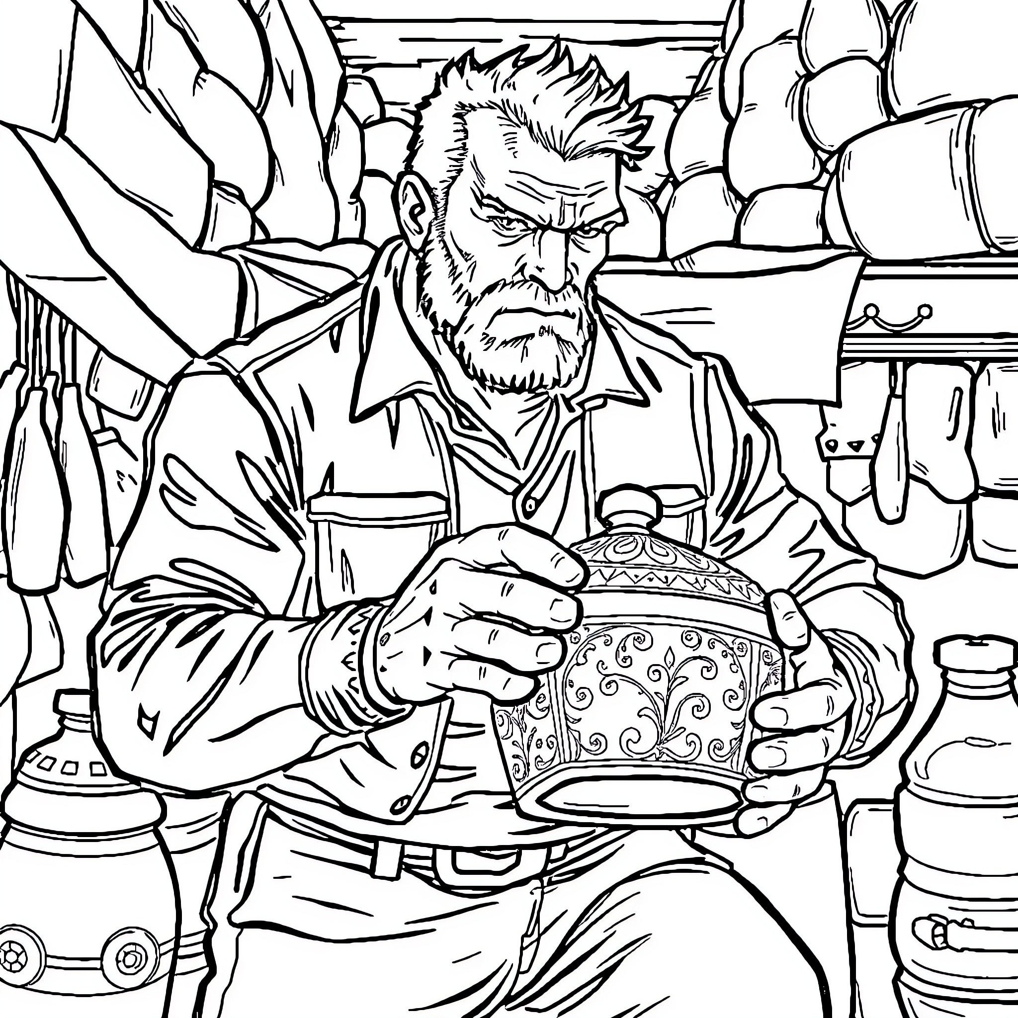 Hombre working on intricate pottery piece in workshop Coloring Page (free black-and-white line drawing printable PDF for all, from beginners to advanced learners, including children, teens, adults, and seniors)