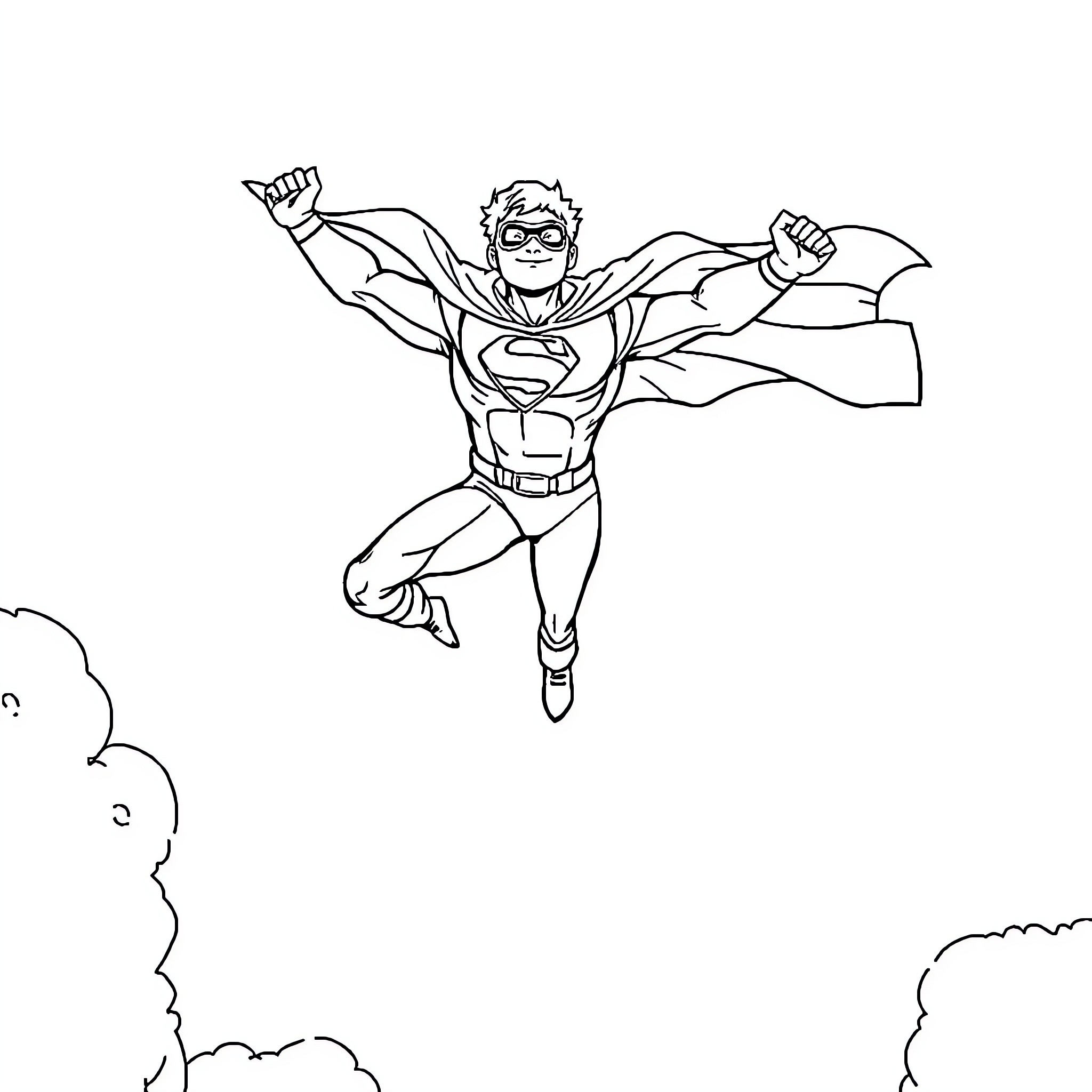 Superhero in flight with outstretched arms Coloring Page (free black-and-white line drawing printable PDF for all, from beginners to advanced learners, including children, teens, adults, and seniors)