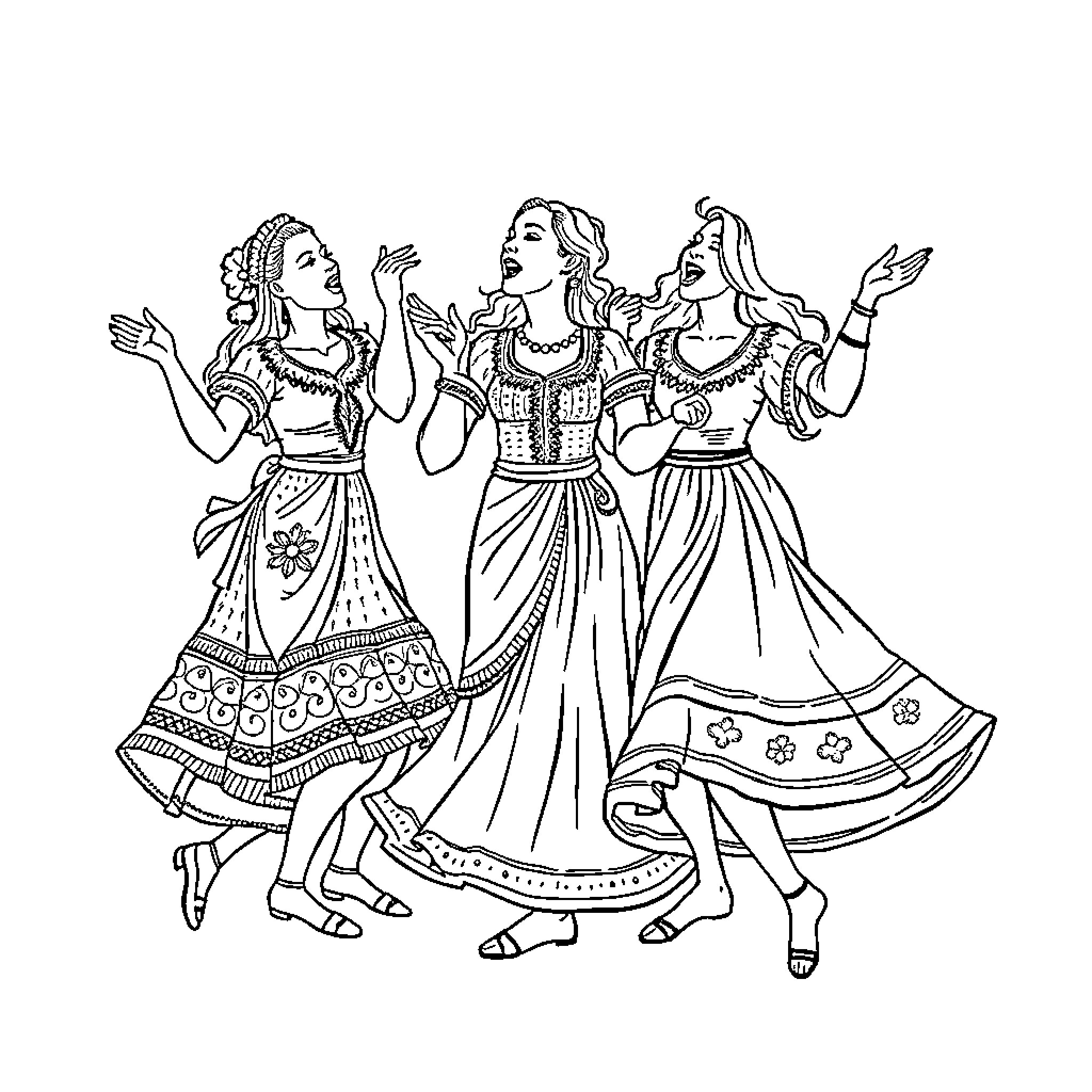 Huntrix's Festive Dance Performance Coloring Page (free black-and-white line drawing printable PDF for all, from beginners to advanced learners, including children, teens, adults, and seniors)