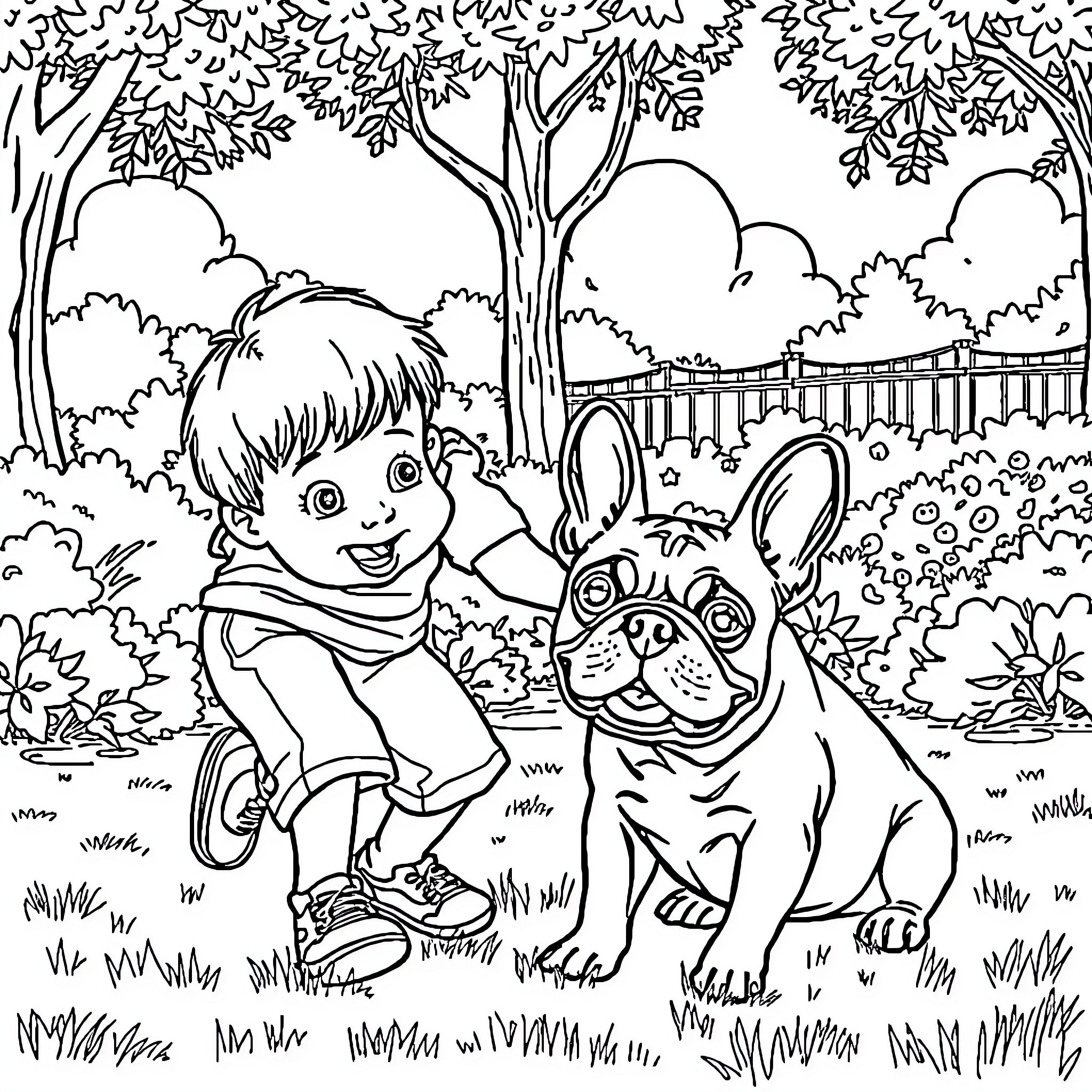 Boy playing happily with his pet dog in the park Coloring Page (free black-and-white line drawing printable PDF for all, from beginners to advanced learners, including children, teens, adults, and seniors)