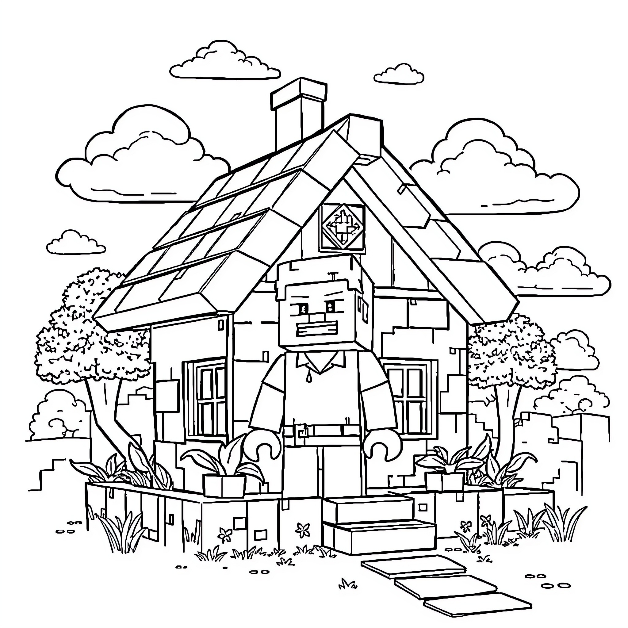 Treehouse with a person in a yard surrounded by nature Coloring Page (free black-and-white line drawing printable PDF for all, from beginners to advanced learners, including children, teens, adults, and seniors)
