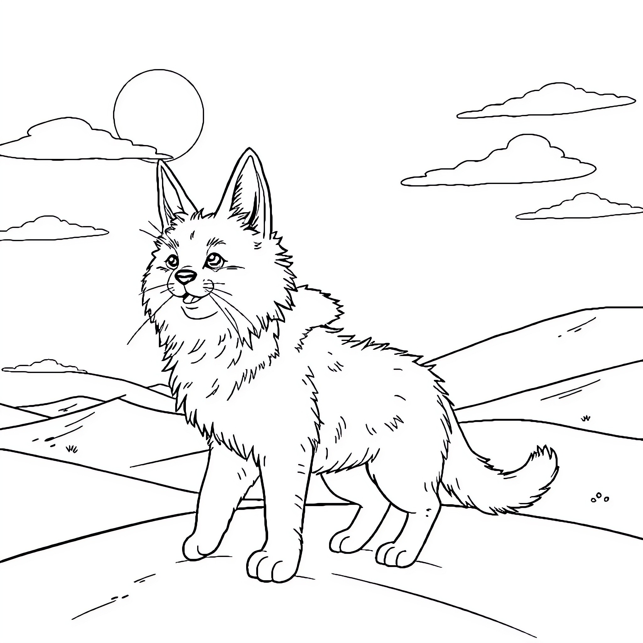 Dog enjoying the scenic landscape Coloring Page (free black-and-white line drawing printable PDF for all, from beginners to advanced learners, including children, teens, adults, and seniors)