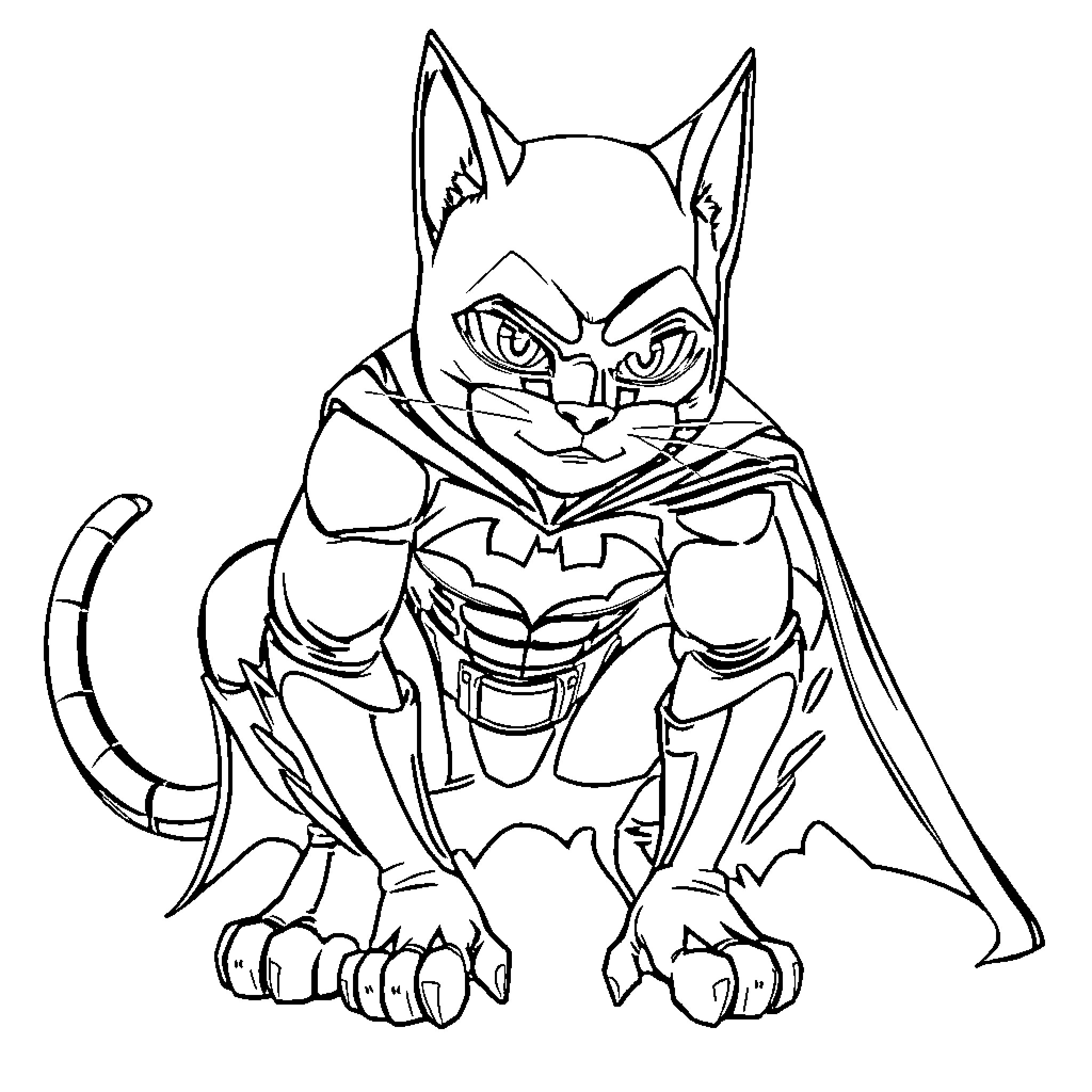 Cat Batman posing in heroic costume Coloring Page (free black-and-white line drawing printable PDF for all, from beginners to advanced learners, including children, teens, adults, and seniors)