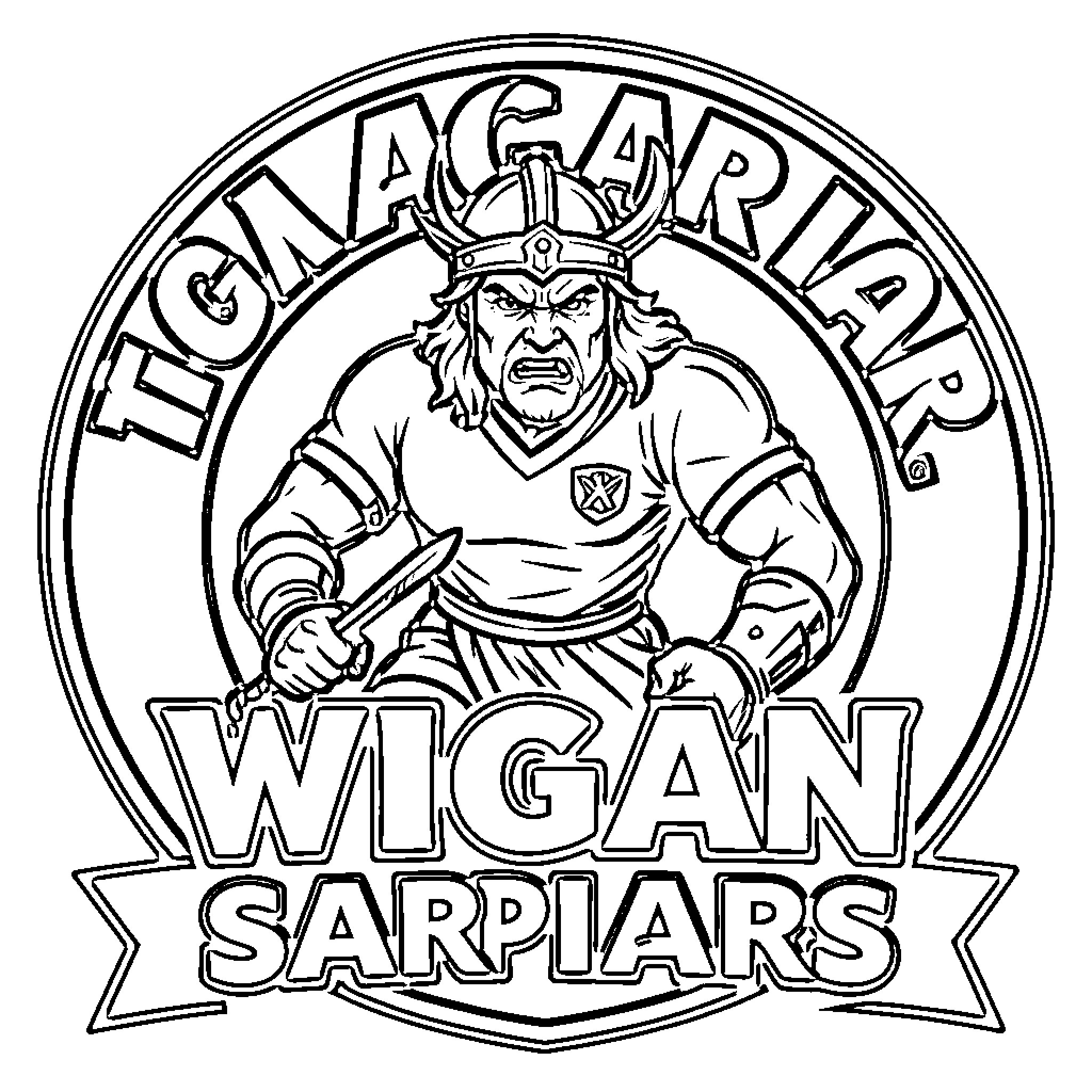 Wigan Warriors fierce viking character holding a dagger Coloring Page (free black-and-white line drawing printable PDF for all, from beginners to advanced learners, including children, teens, adults, and seniors)