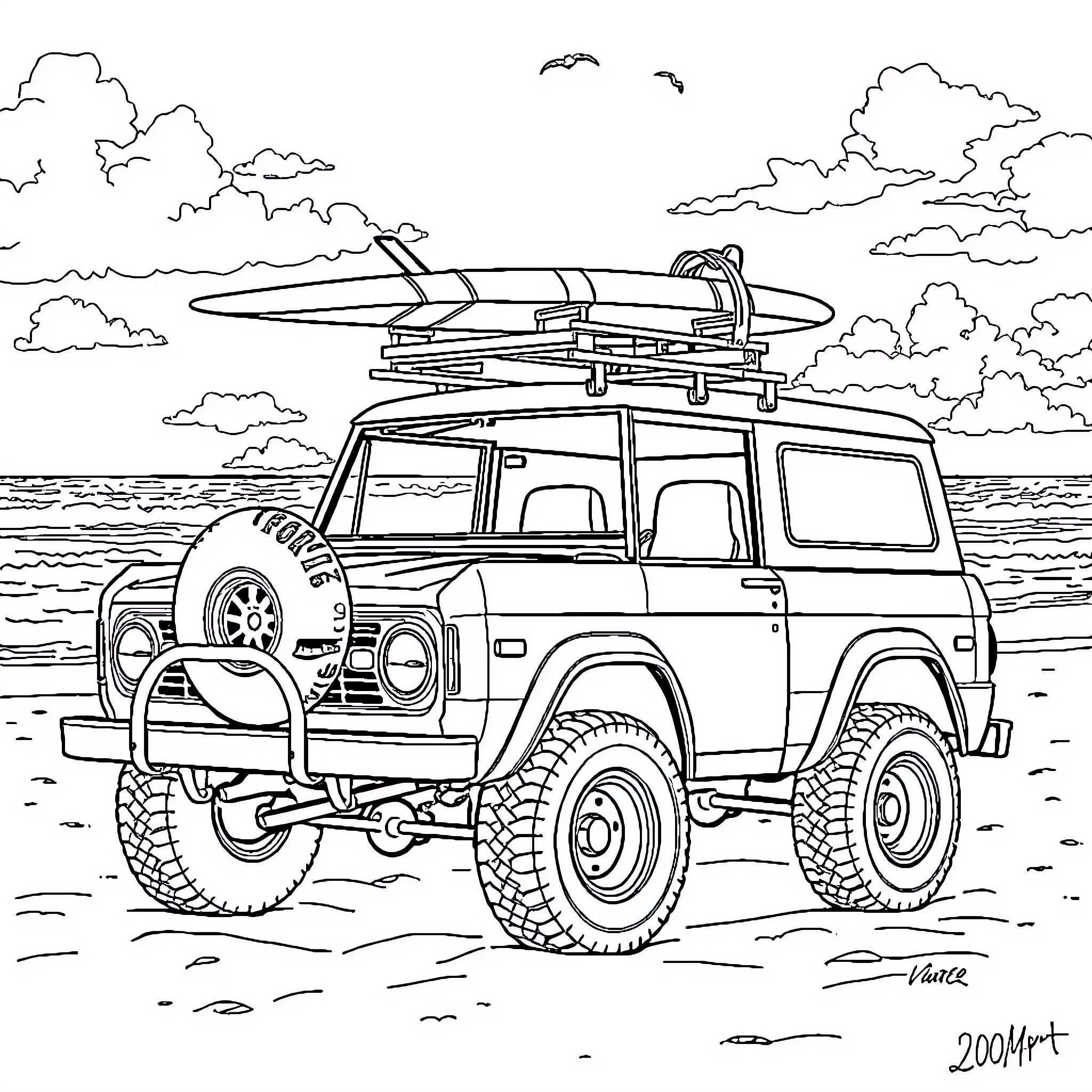 Ford Bronco on a beach adventure with surfboard Coloring Page (free black-and-white line drawing printable PDF for all, from beginners to advanced learners, including children, teens, adults, and seniors)