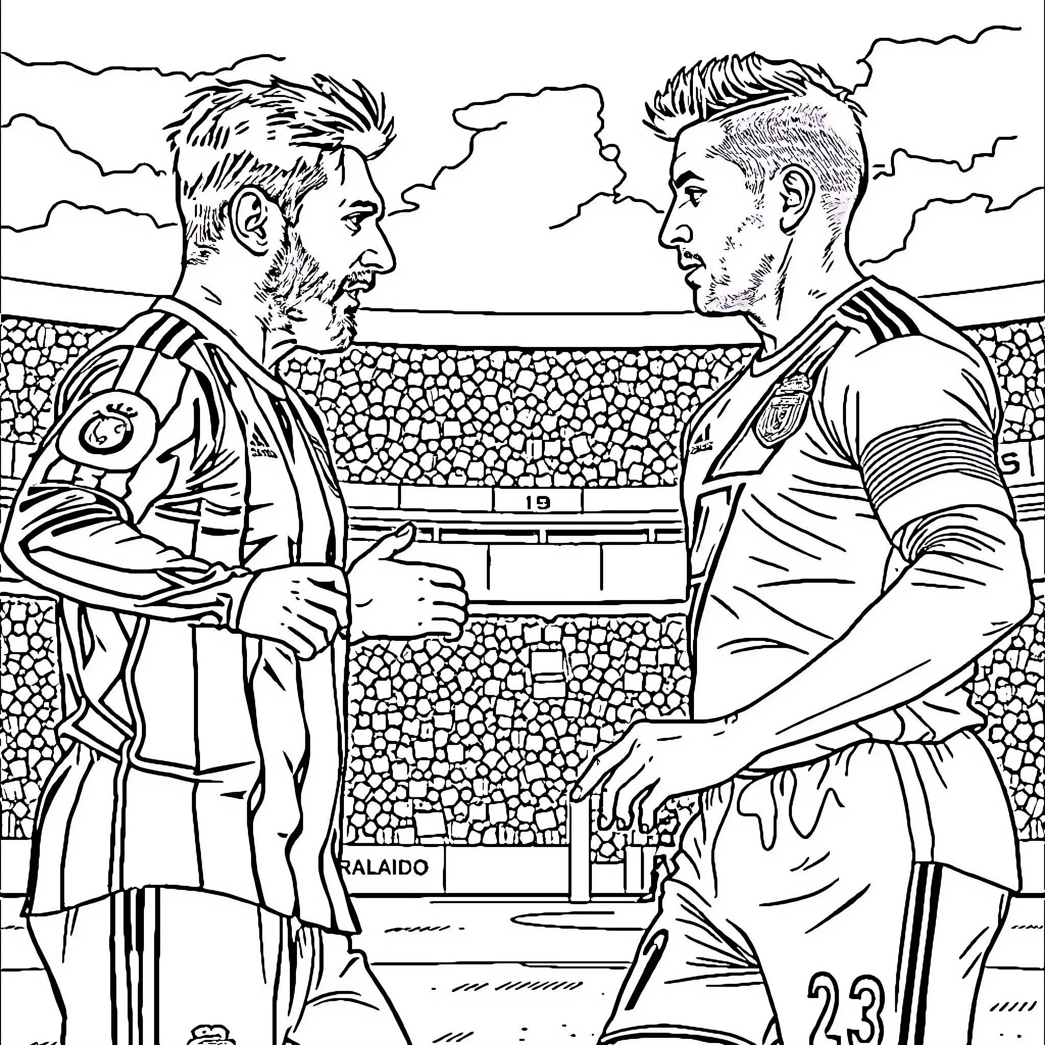 Lionel Messi Shaking Hands with Teammate on Soccer Field Coloring Page (free black-and-white line drawing printable PDF for all, from beginners to advanced learners, including children, teens, adults, and seniors)