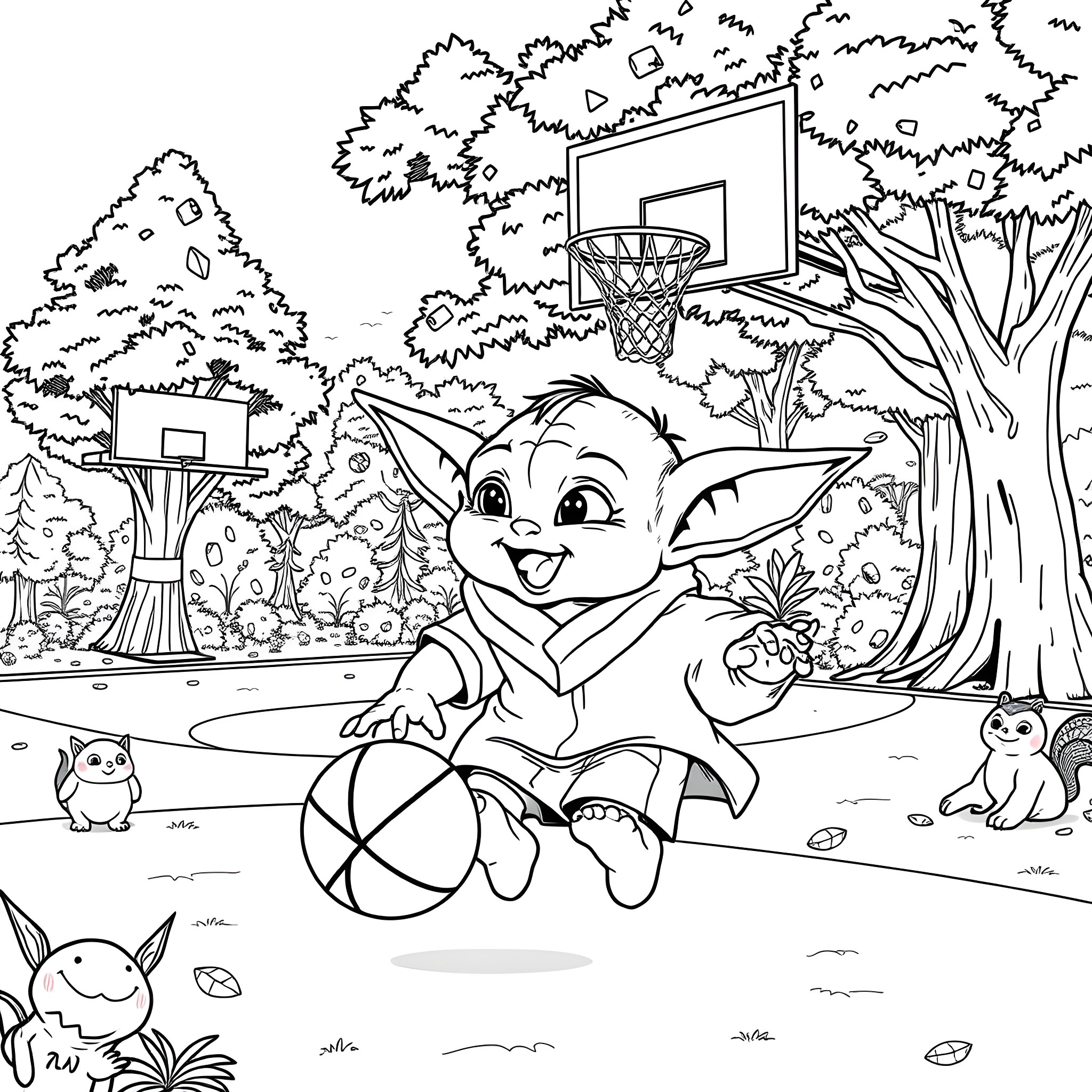 Baby Yoda playing basketball in a park Coloring Page (free black-and-white line drawing printable PDF for all, from beginners to advanced learners, including children, teens, adults, and seniors)