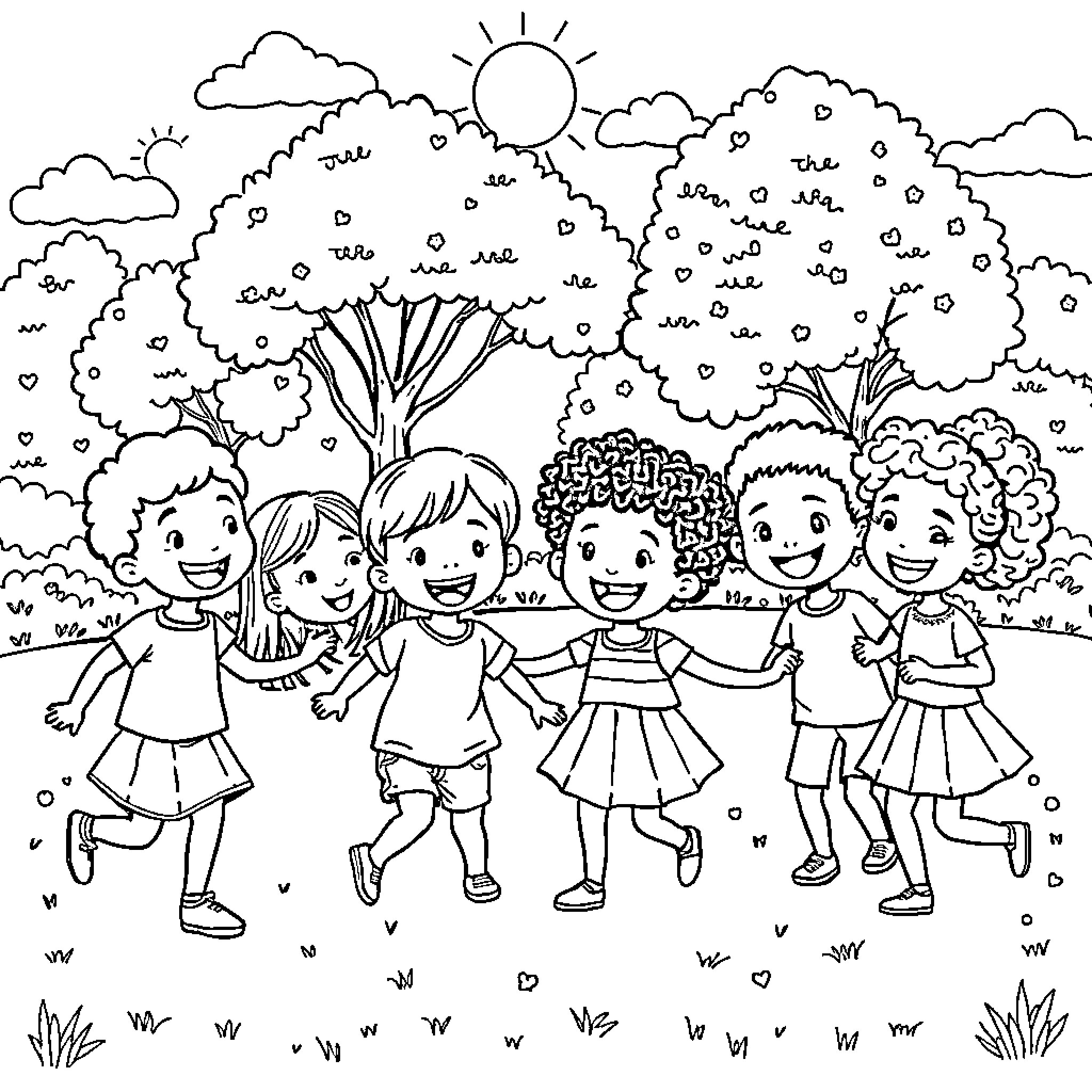 Child friends playing happily in nature Coloring Page (free black-and-white line drawing printable PDF for all, from beginners to advanced learners, including children, teens, adults, and seniors)