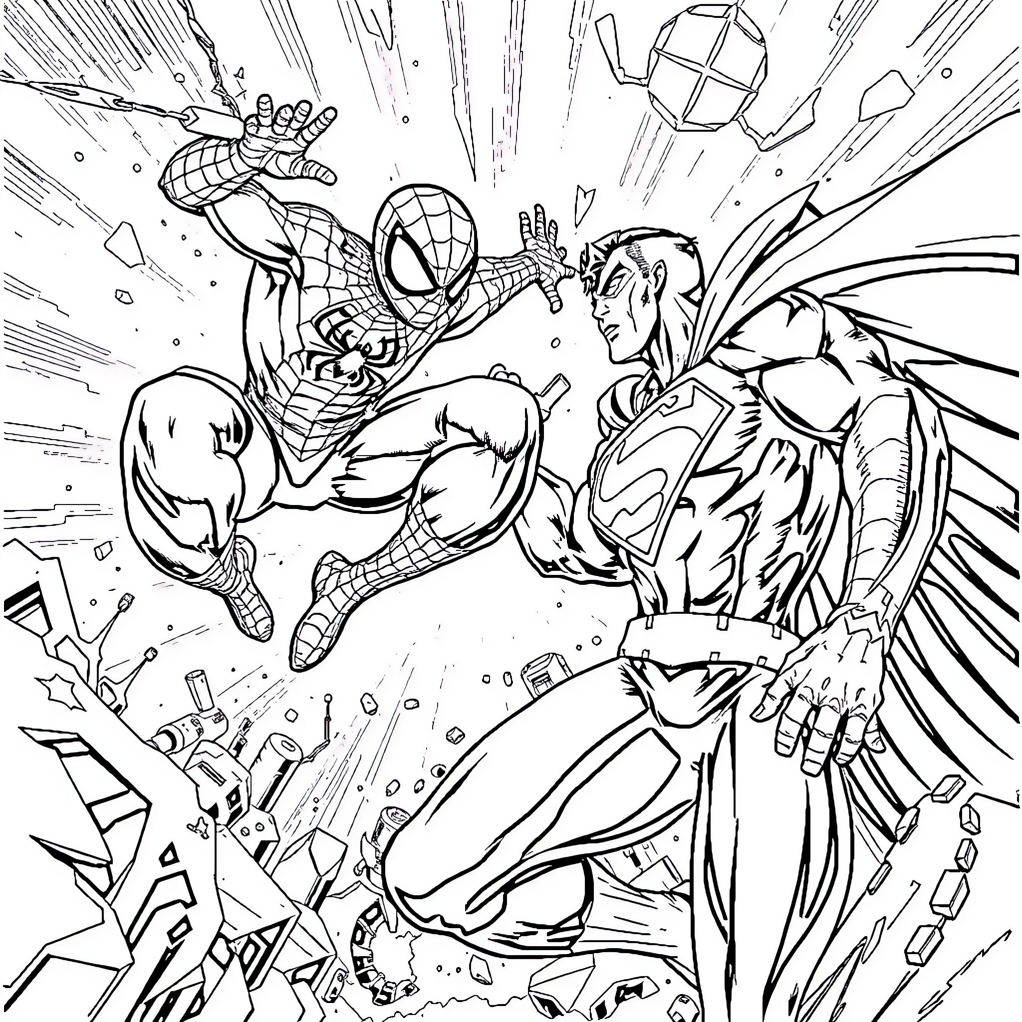 Spider-Man battles a fierce villain in an epic showdown Coloring Page (free black-and-white line drawing printable PDF for all, from beginners to advanced learners, including children, teens, adults, and seniors)