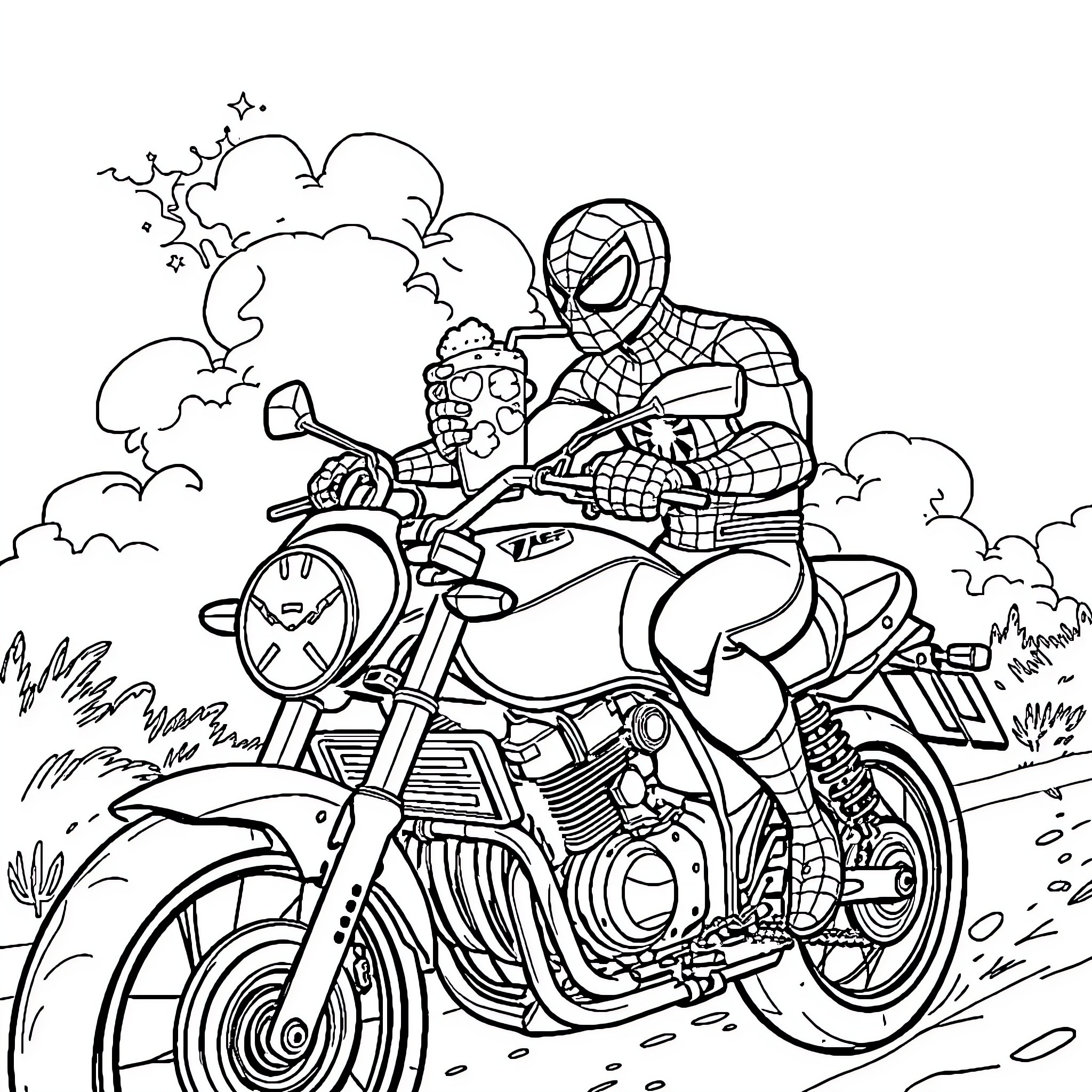 Spiderman riding a motorcycle through the city Coloring Page (free black-and-white line drawing printable PDF for all, from beginners to advanced learners, including children, teens, adults, and seniors)