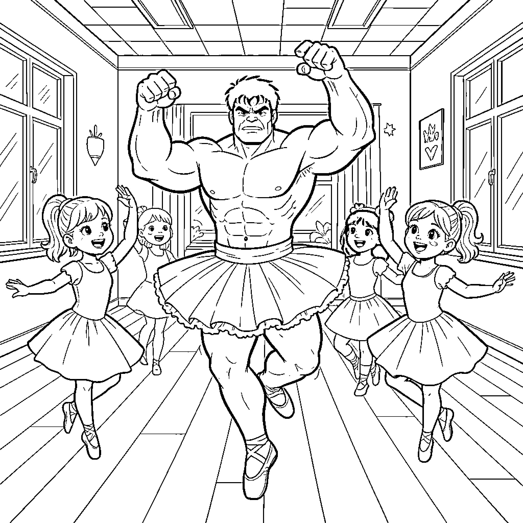 Hulk dancing in a tutu with little ballerinas Coloring Page (free black-and-white line drawing printable PDF for all, from beginners to advanced learners, including children, teens, adults, and seniors)