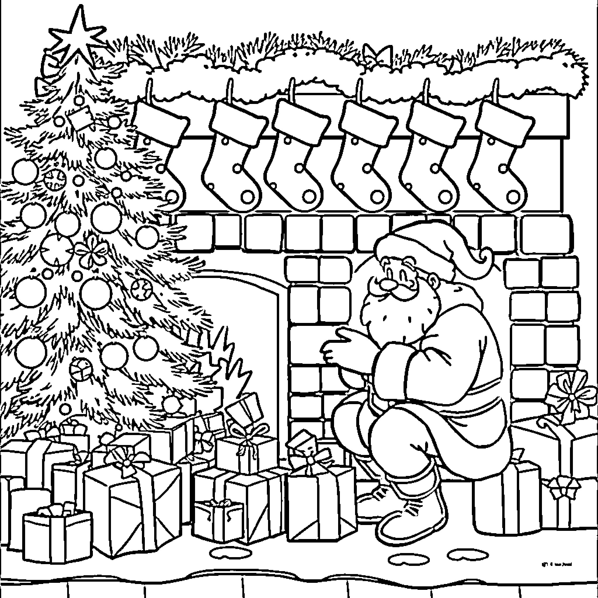 Santa decorating the Christmas tree and gifts Coloring Page (free black-and-white line drawing printable PDF for all, from beginners to advanced learners, including children, teens, adults, and seniors)