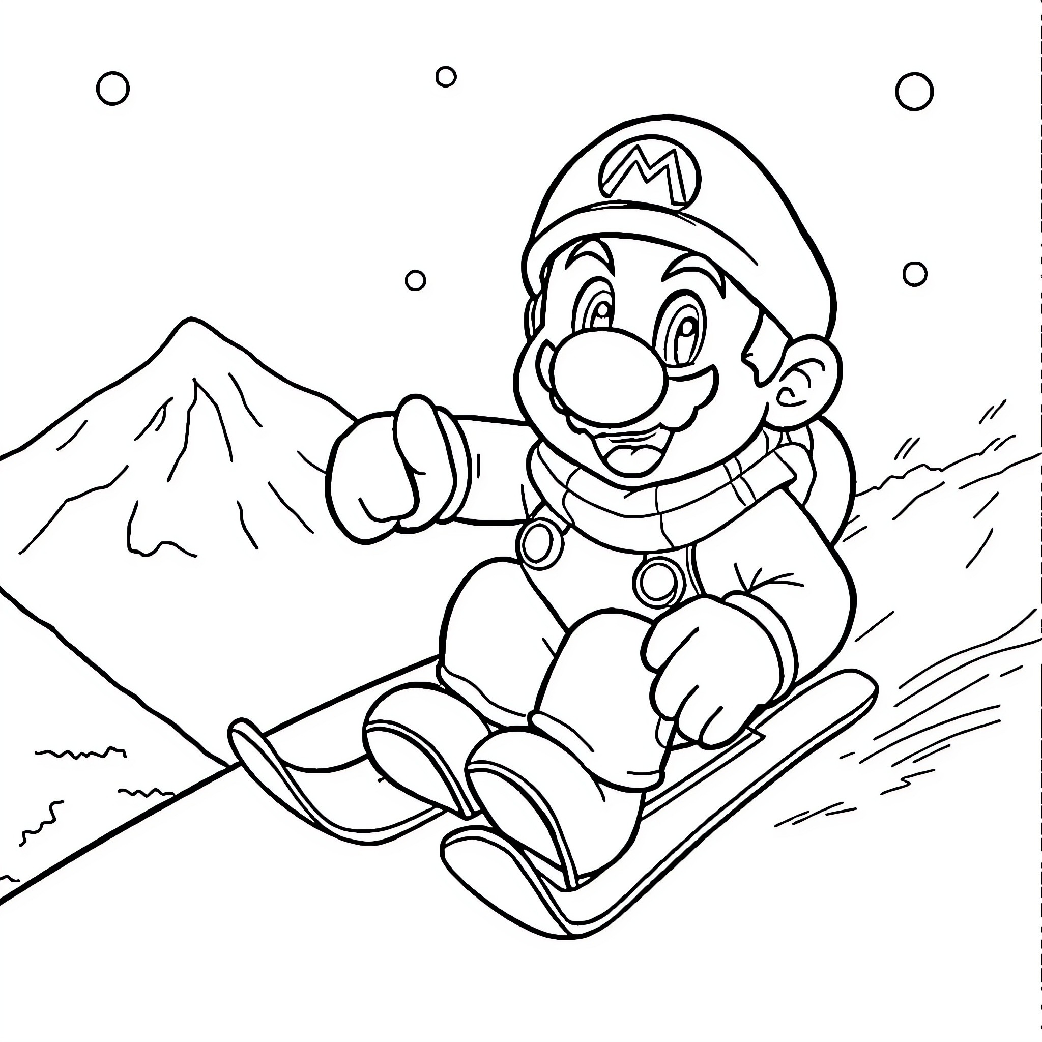 Mario snowboarding on the snowy mountain Coloring Page (free black-and-white line drawing printable PDF for all, from beginners to advanced learners, including children, teens, adults, and seniors)