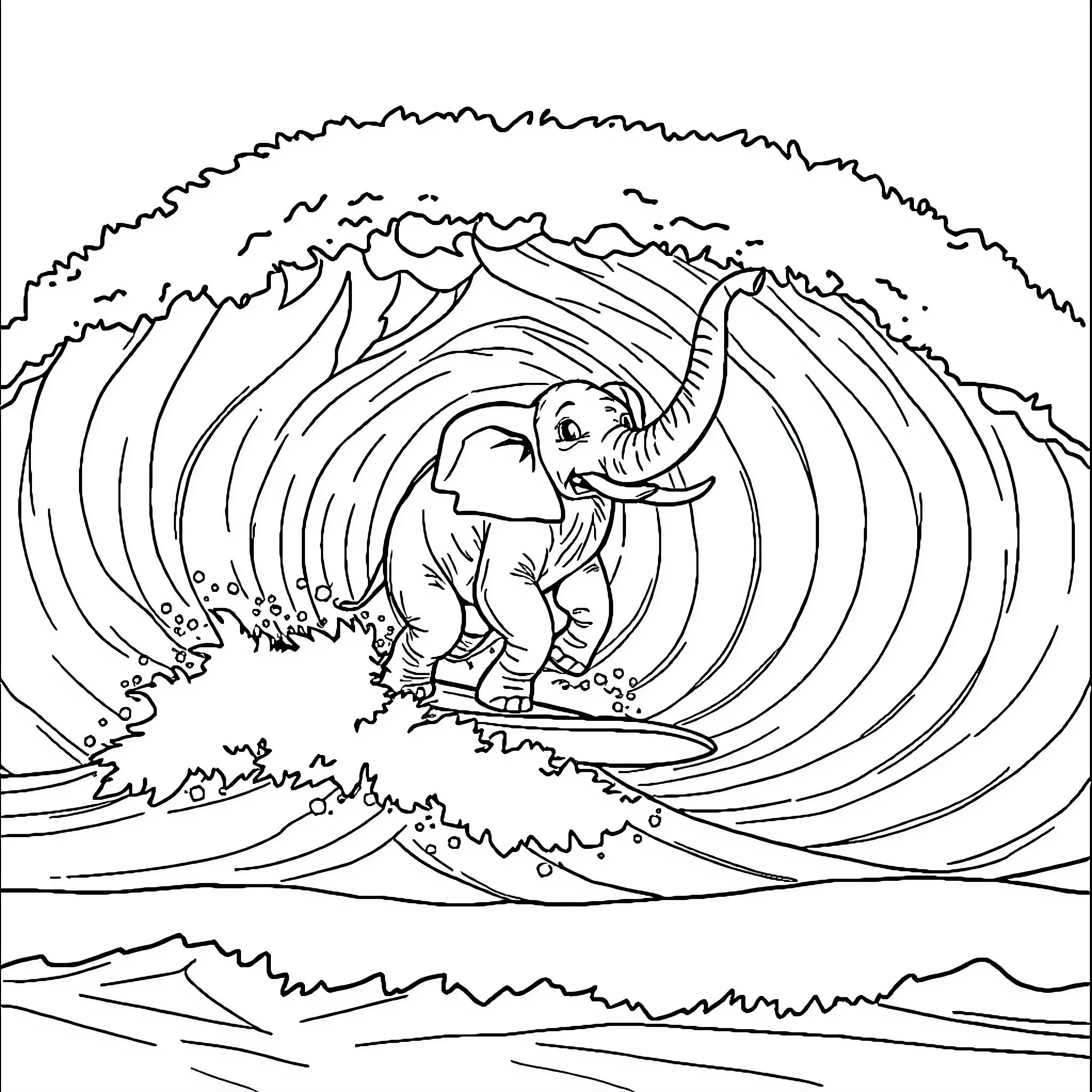 Elephant Riding a Majestic Wave Coloring Page (free black-and-white line drawing printable PDF for all, from beginners to advanced learners, including children, teens, adults, and seniors)