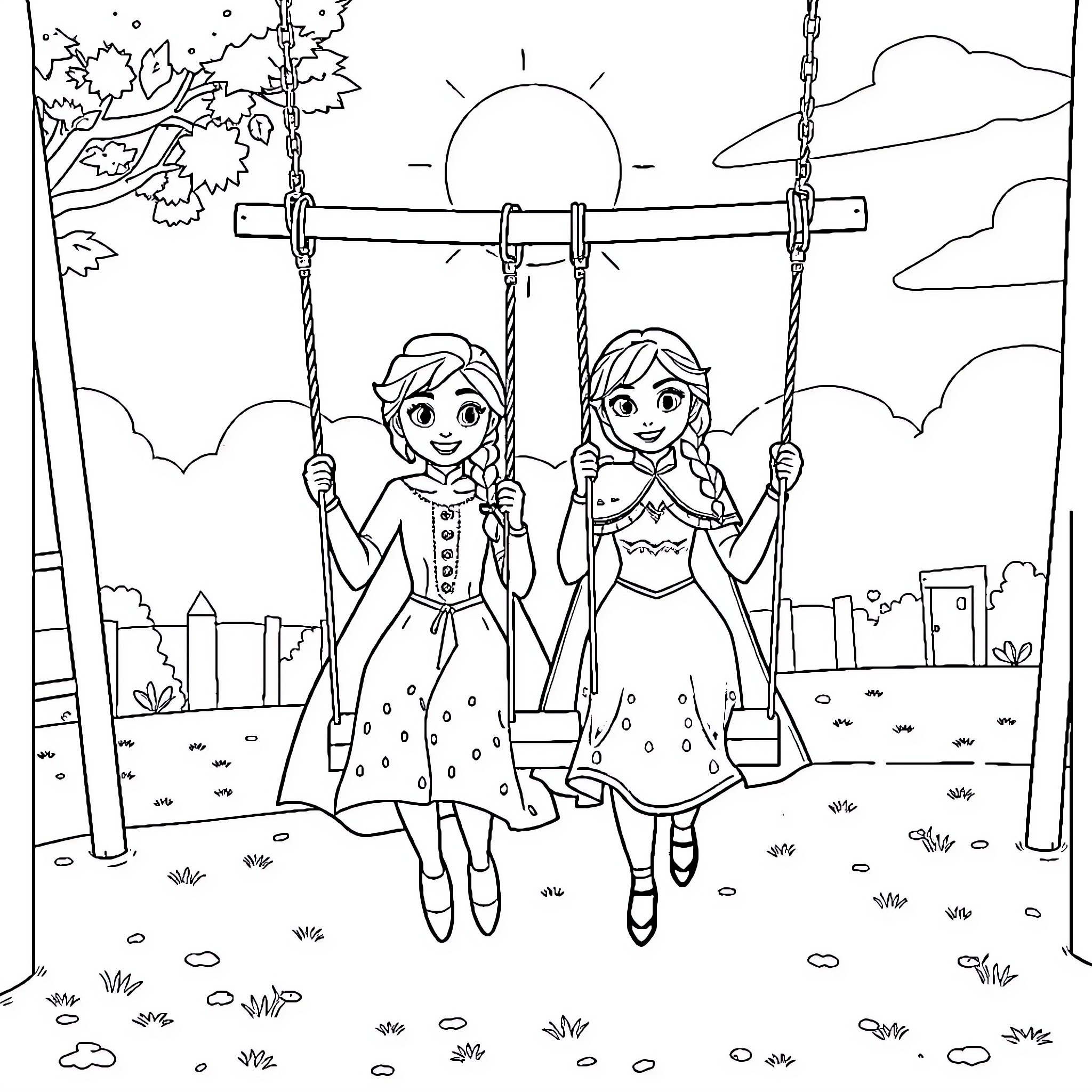 Anna and Elsa playing on swings in a park Coloring Page (free black-and-white line drawing printable PDF for all, from beginners to advanced learners, including children, teens, adults, and seniors)