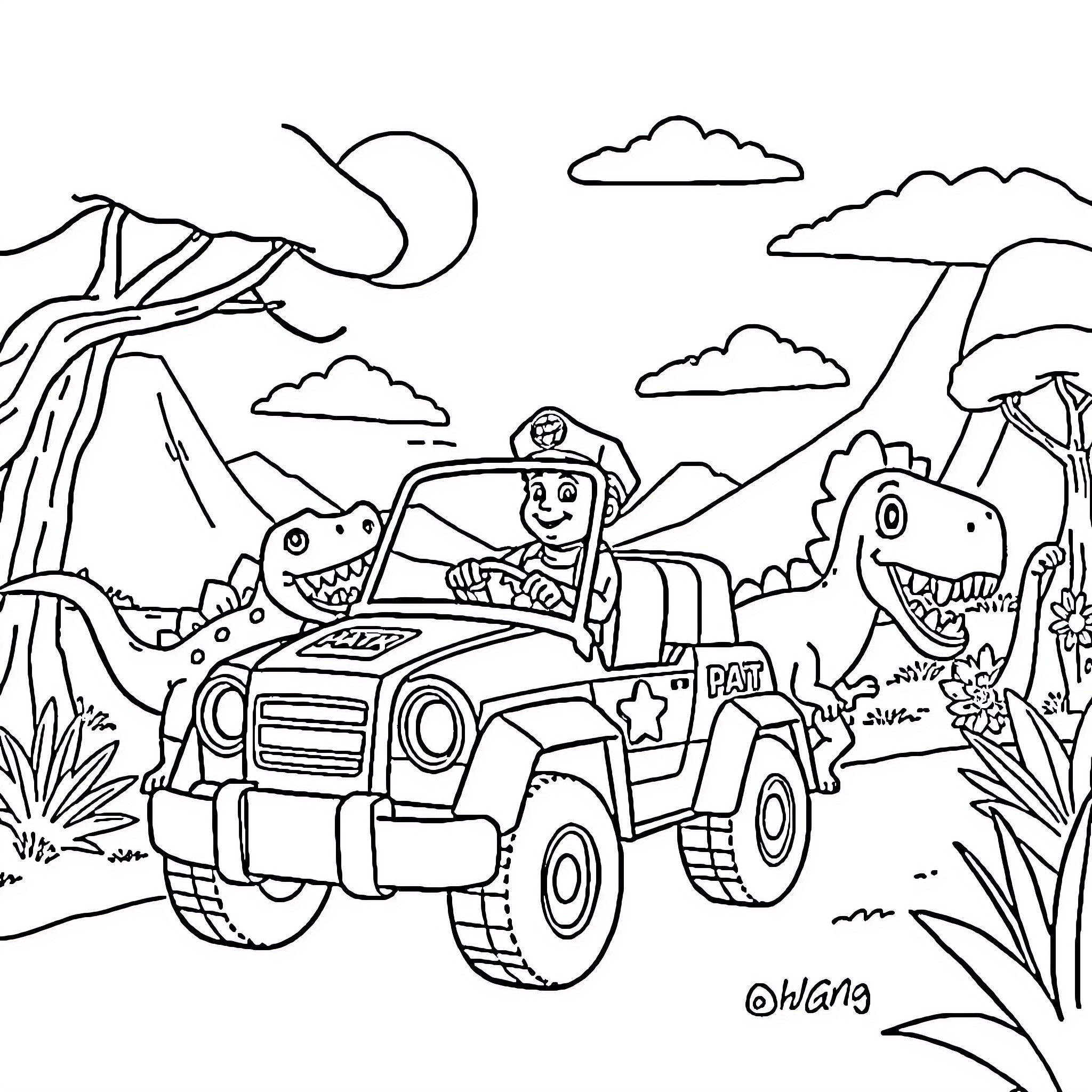 Pat's Jungle Adventure in the Jeep Coloring Page (free black-and-white line drawing printable PDF for all, from beginners to advanced learners, including children, teens, adults, and seniors)