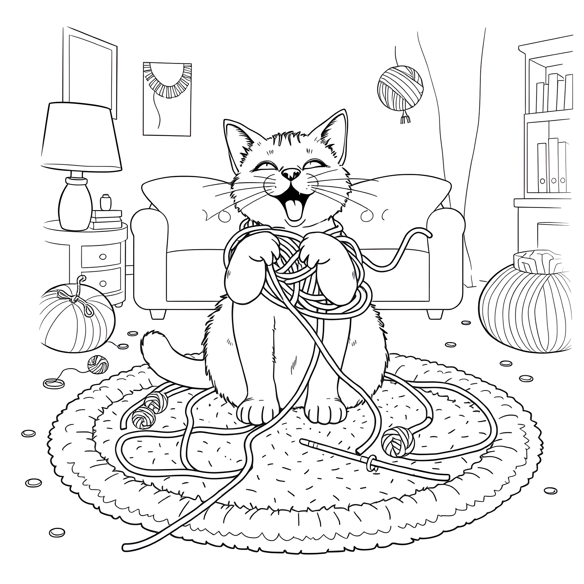 Cat playing happily with yarn on cozy rug Coloring Page (free black-and-white line drawing printable PDF for all, from beginners to advanced learners, including children, teens, adults, and seniors)