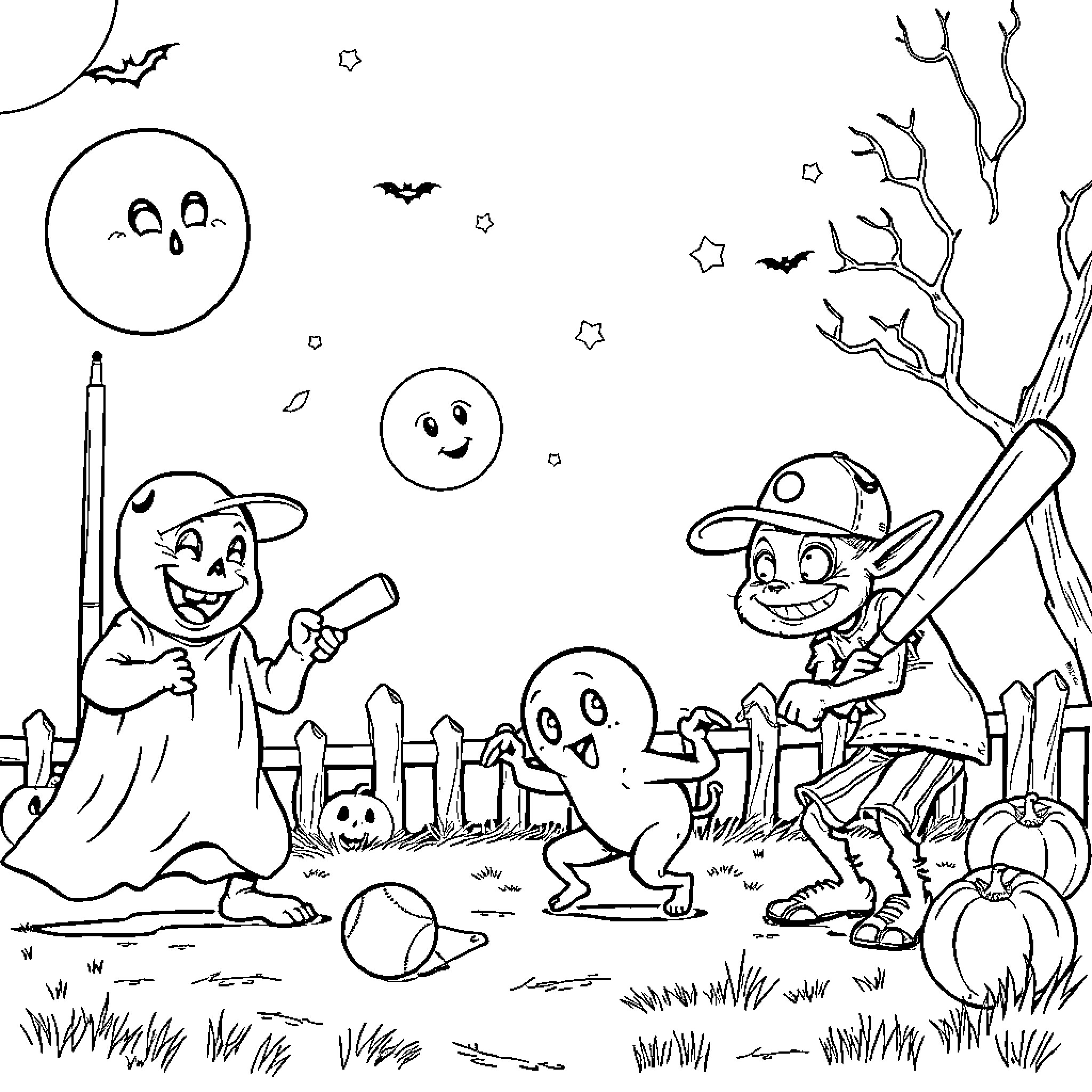 Ghost characters in a spooky Halloween scene Coloring Page (free black-and-white line drawing printable PDF for all, from beginners to advanced learners, including children, teens, adults, and seniors)