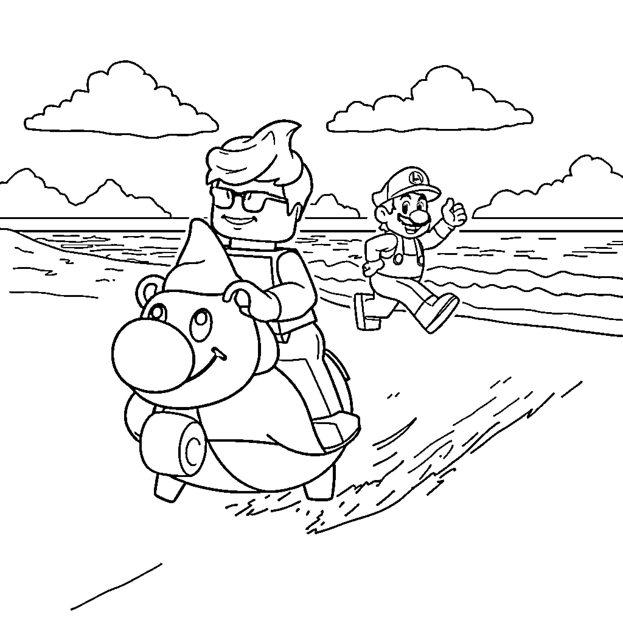 LEGO Figure playing in aquatic adventure Coloring Page (free black-and-white line drawing printable PDF for all, from beginners to advanced learners, including children, teens, adults, and seniors)