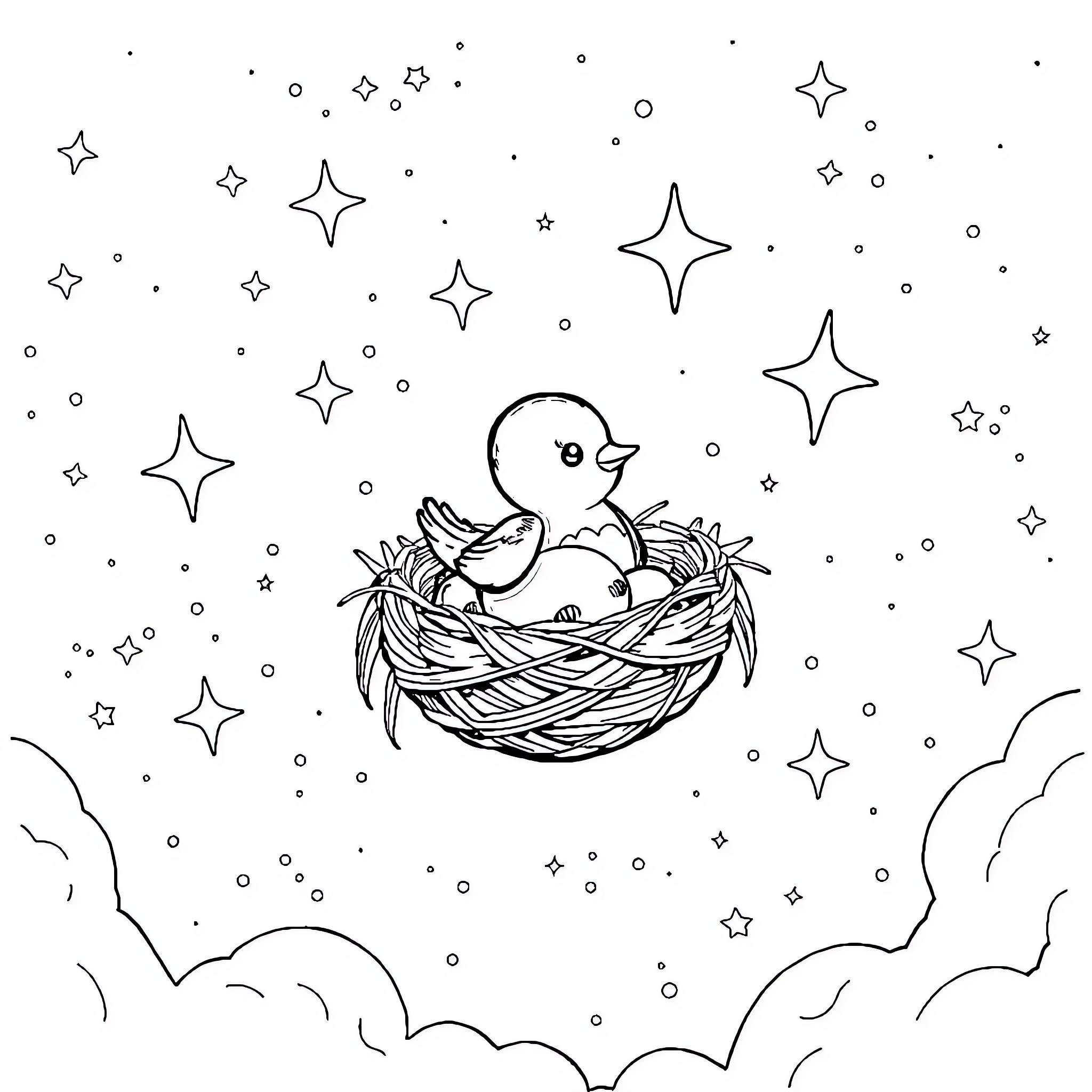 Bird nestled in starry night sky Coloring Page (free black-and-white line drawing printable PDF for all, from beginners to advanced learners, including children, teens, adults, and seniors)