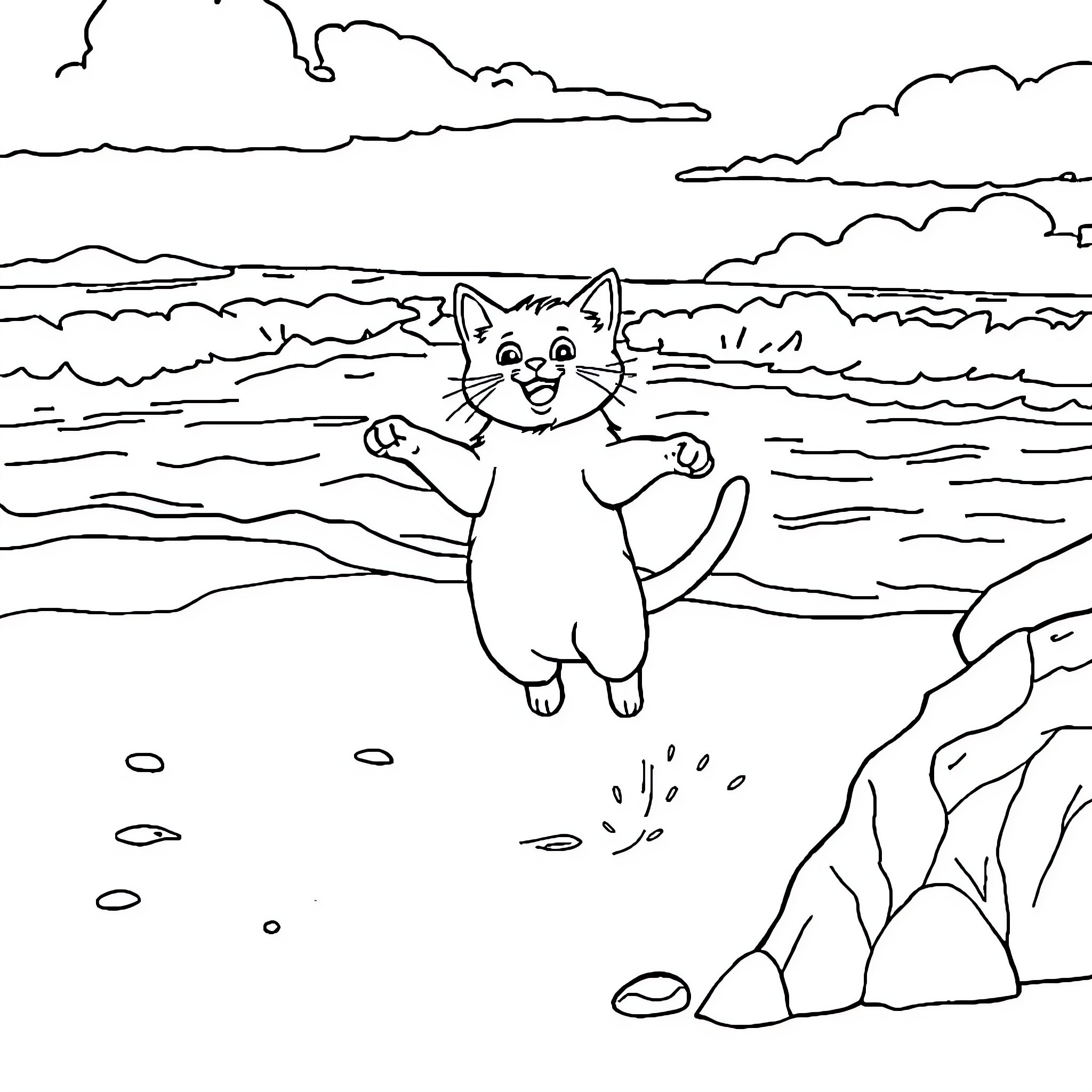 Cat exploring the beach and waves Coloring Page (free black-and-white line drawing printable PDF for all, from beginners to advanced learners, including children, teens, adults, and seniors)