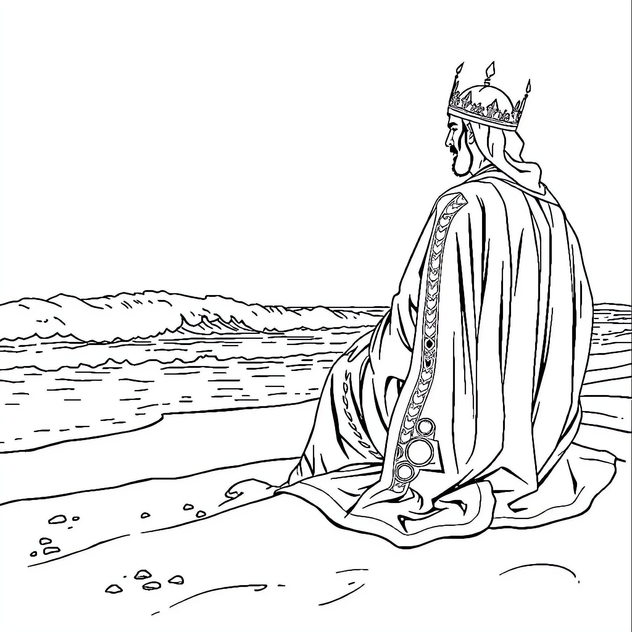 Roi overlooking the tranquil waves Coloring Page (free black-and-white line drawing printable PDF for all, from beginners to advanced learners, including children, teens, adults, and seniors)