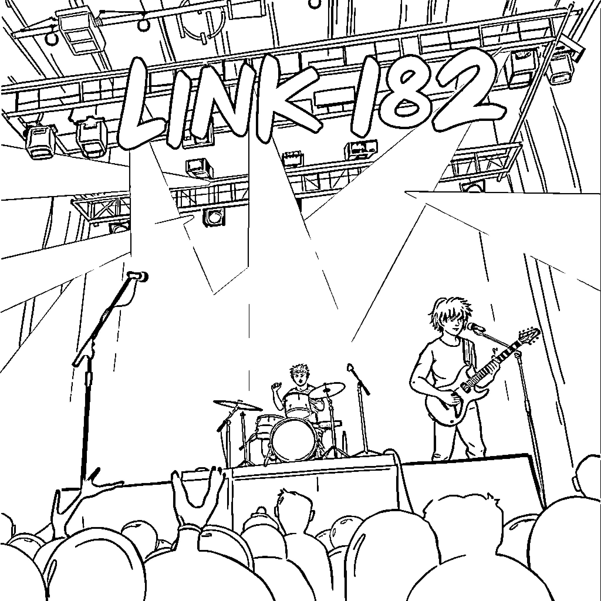 Blink 182 Rock Band Performing on Stage Coloring Page (free black-and-white line drawing printable PDF for all, from beginners to advanced learners, including children, teens, adults, and seniors)