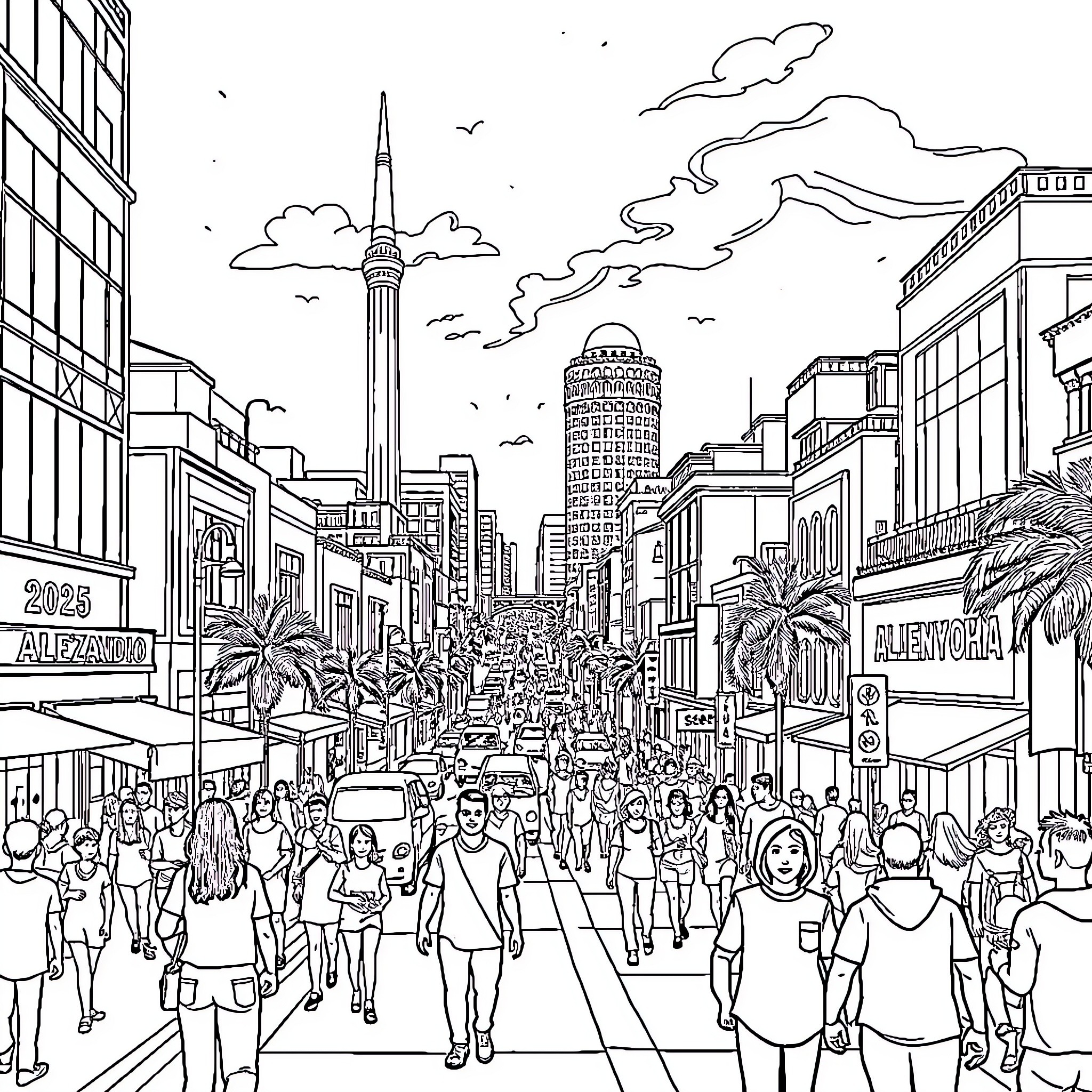 Alexandria's Vibrant City Scene with Bustling Crowd Coloring Page (free black-and-white line drawing printable PDF for all, from beginners to advanced learners, including children, teens, adults, and seniors)