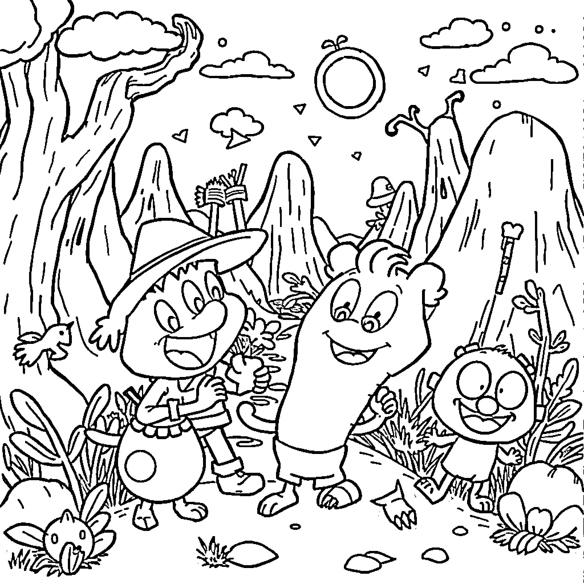 Cartoon Characters Exploring Adventurous Landscape Coloring Page (free black-and-white line drawing printable PDF for all, from beginners to advanced learners, including children, teens, adults, and seniors)
