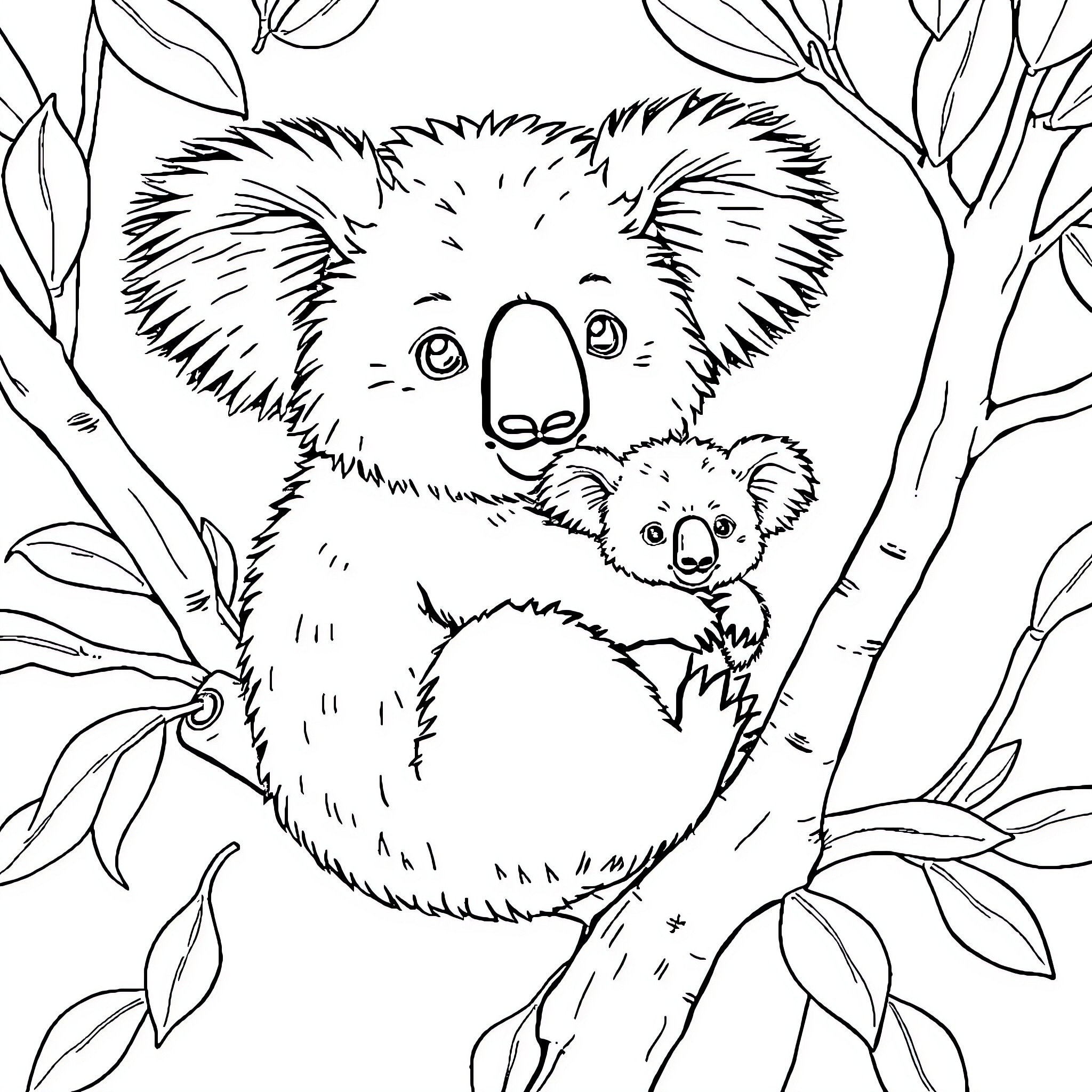 Koala mother and baby snuggling in a tree Coloring Page (free black-and-white line drawing printable PDF for all, from beginners to advanced learners, including children, teens, adults, and seniors)