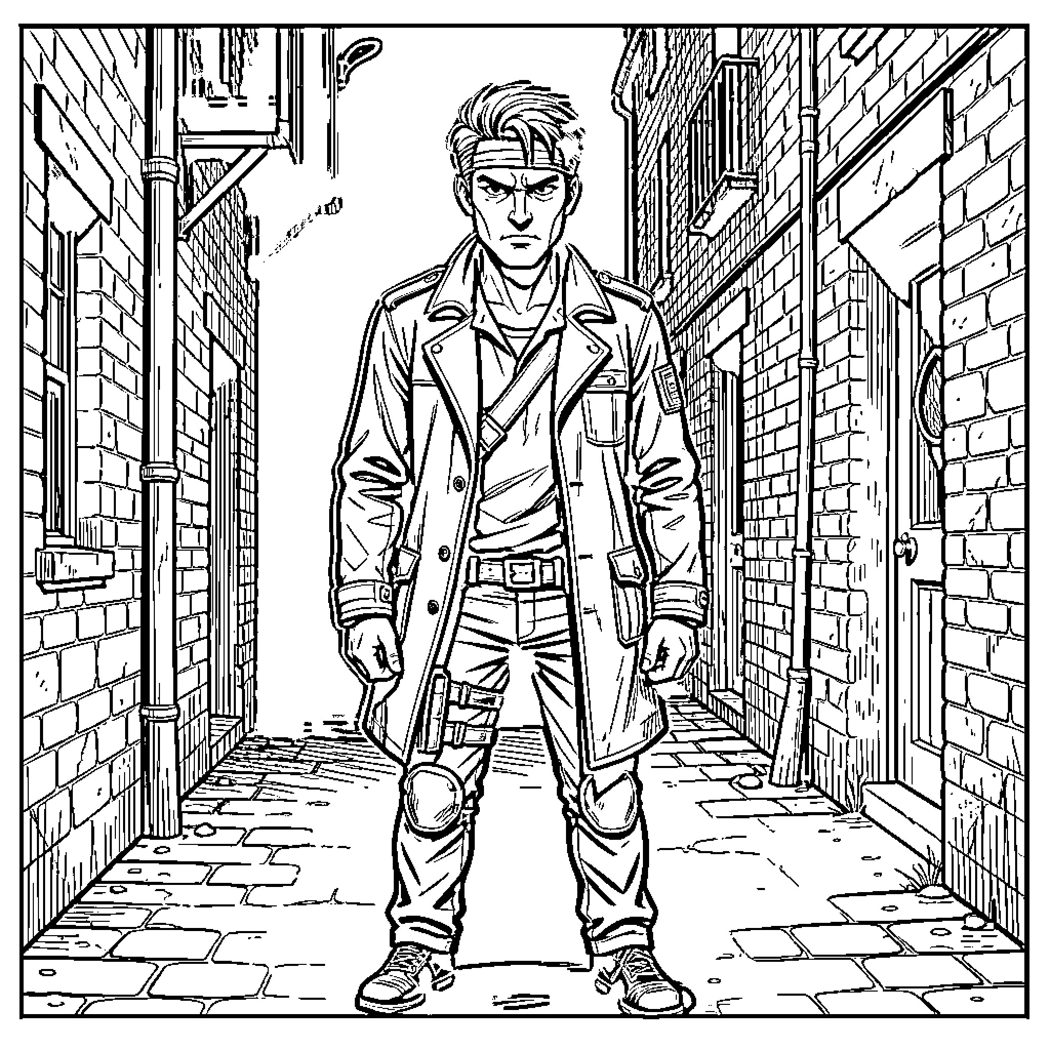 Leon's adventure in a narrow city alley Coloring Page (free black-and-white line drawing printable PDF for all, from beginners to advanced learners, including children, teens, adults, and seniors)