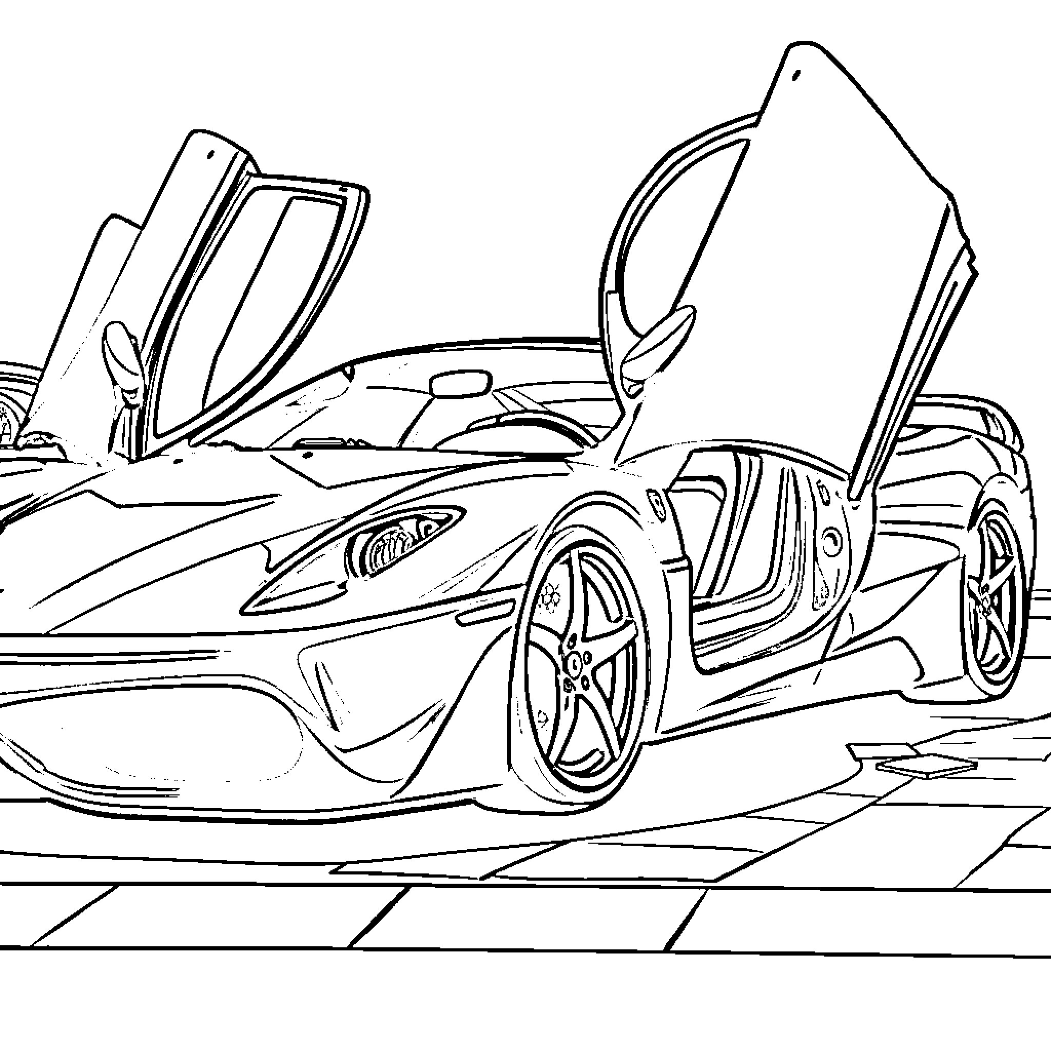 Ferrari sports car with dramatic doors Coloring Page (free black-and-white line drawing printable PDF for all, from beginners to advanced learners, including children, teens, adults, and seniors)