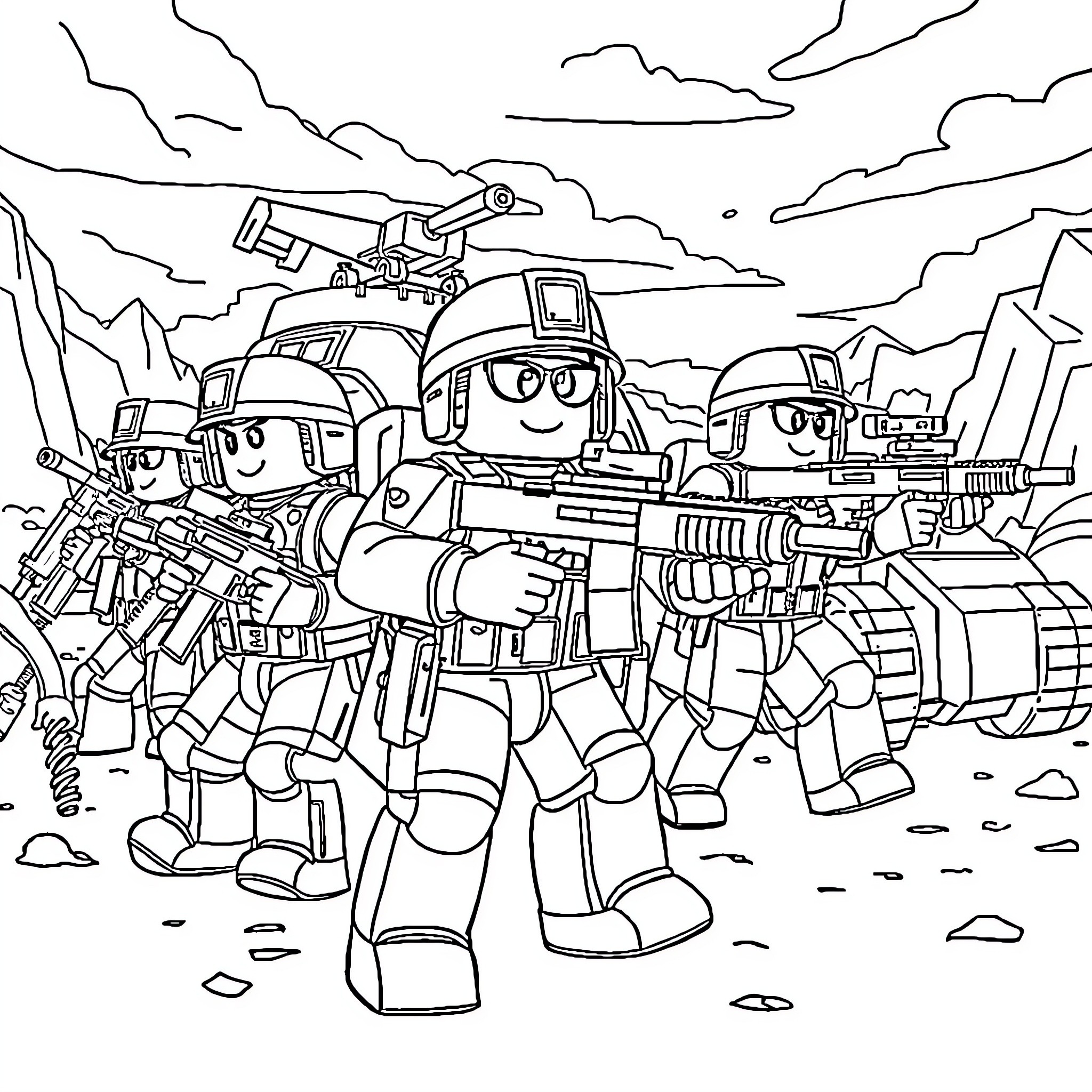 Roblox soldiers in battle gear on the battlefield Coloring Page (free black-and-white line drawing printable PDF for all, from beginners to advanced learners, including children, teens, adults, and seniors)