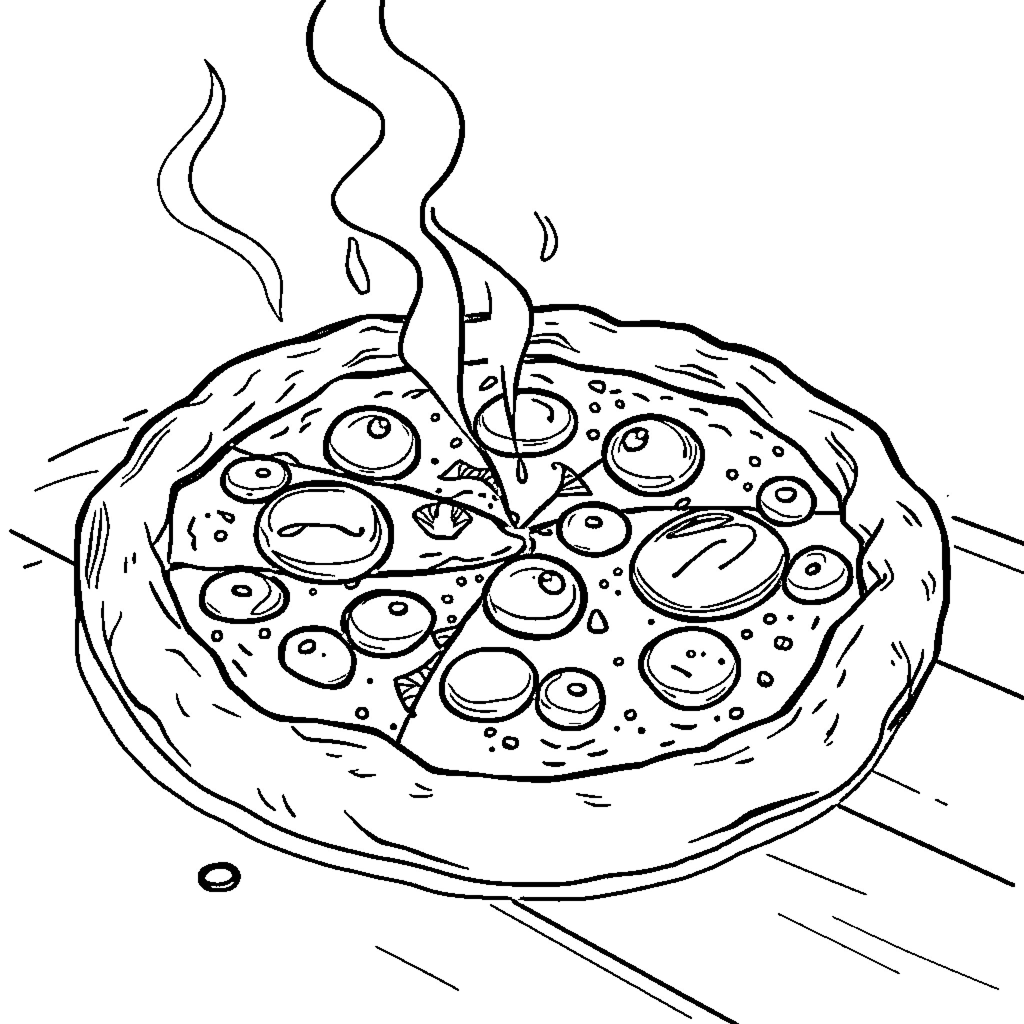 Pizza with Delicious Toppings and Steam Coloring Page (free black-and-white line drawing printable PDF for all, from beginners to advanced learners, including children, teens, adults, and seniors)