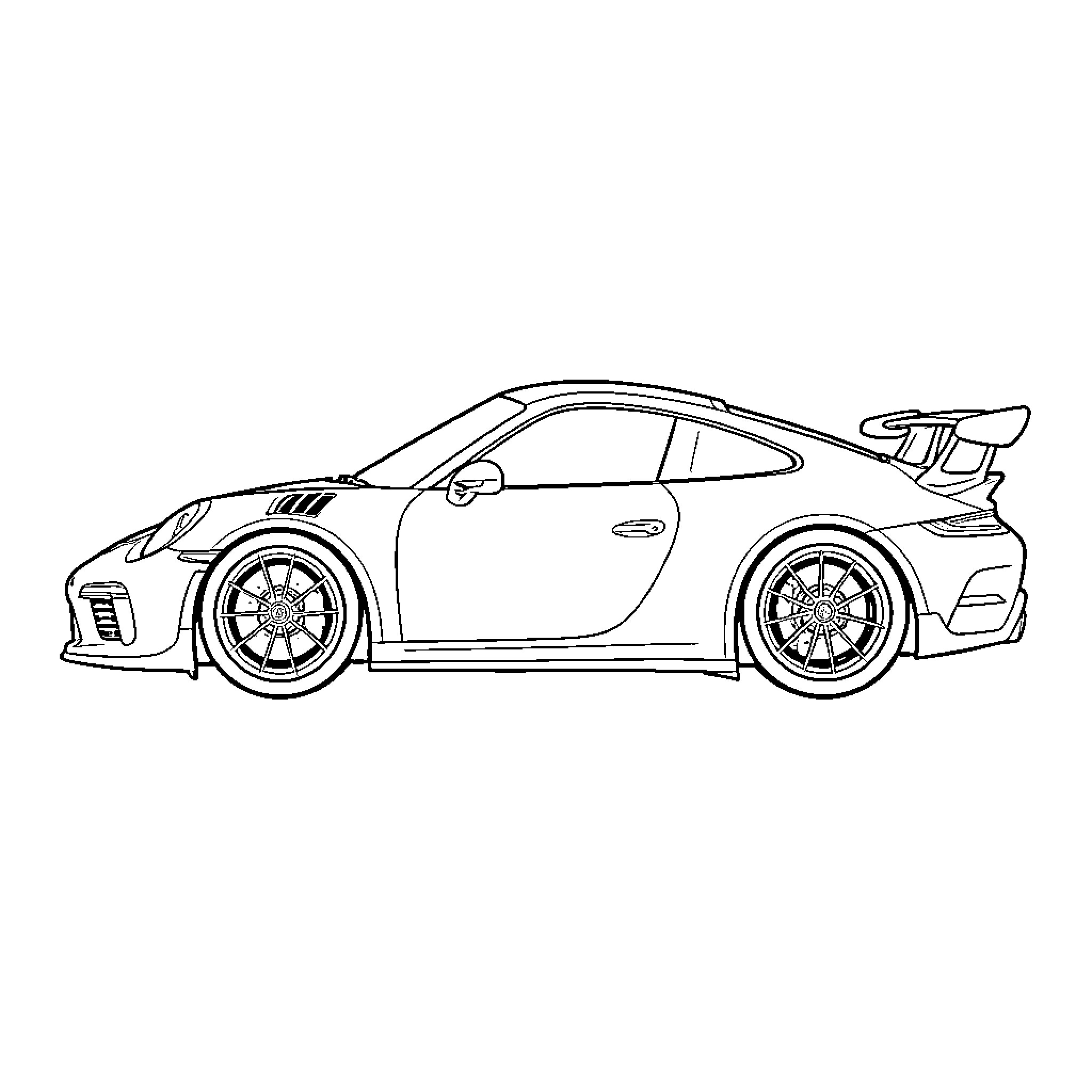 Porsche sports car parked in a side profile view Coloring Page (free black-and-white line drawing printable PDF for all, from beginners to advanced learners, including children, teens, adults, and seniors)