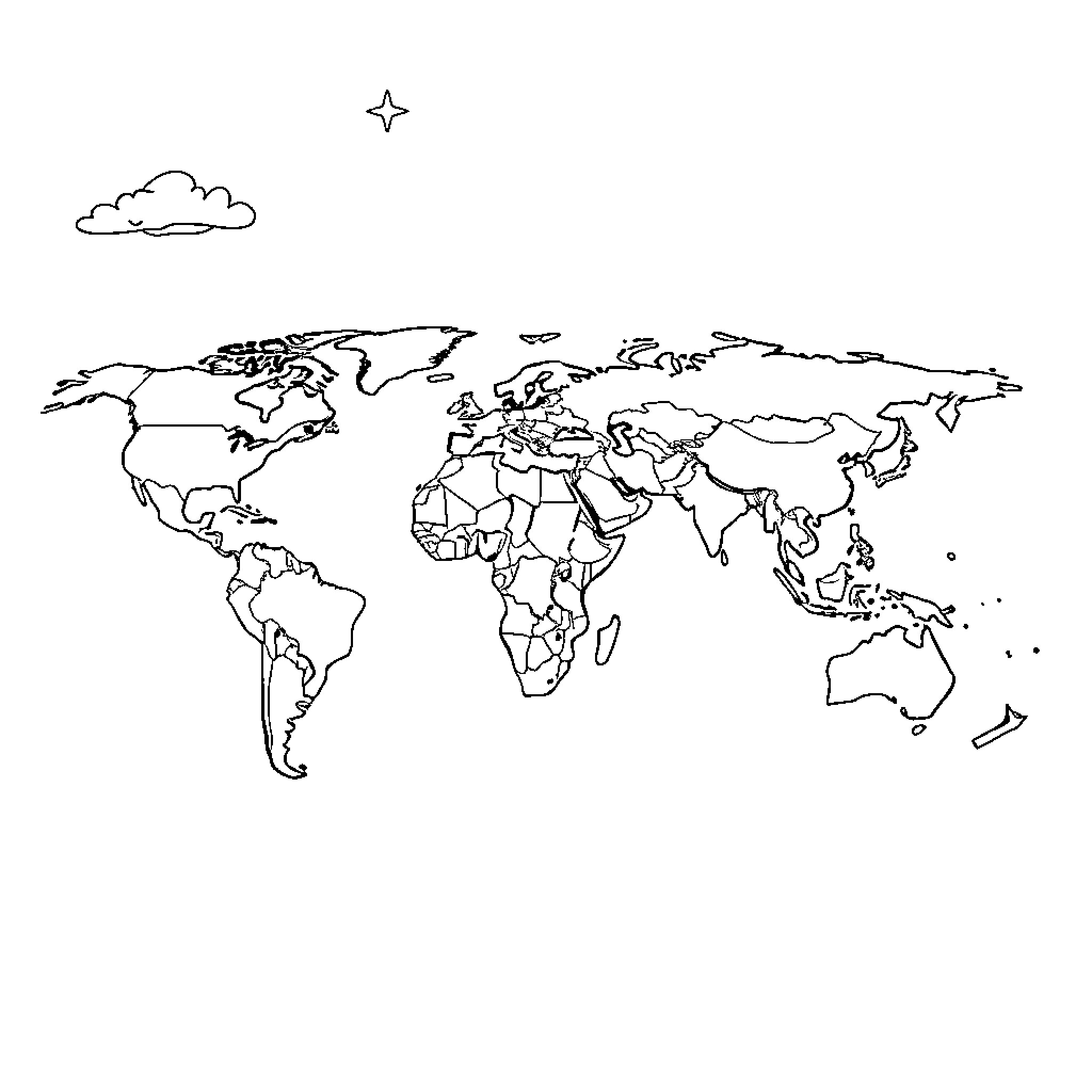 AI Outline of World Map with Clouds Coloring Page (free black-and-white line drawing printable PDF for all, from beginners to advanced learners, including children, teens, adults, and seniors)