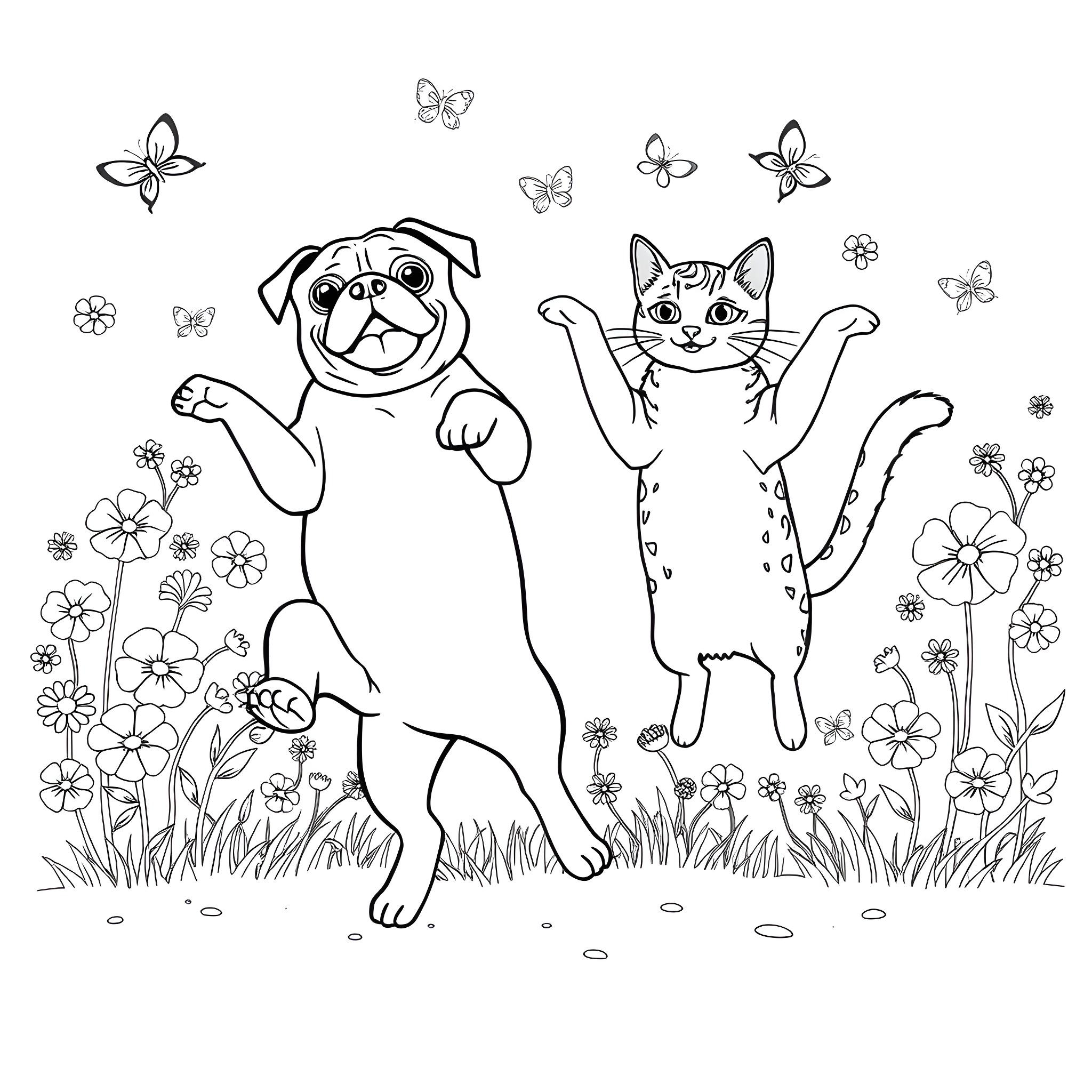 Pug and cat playing happily in a floral garden Coloring Page (free black-and-white line drawing printable PDF for all, from beginners to advanced learners, including children, teens, adults, and seniors)