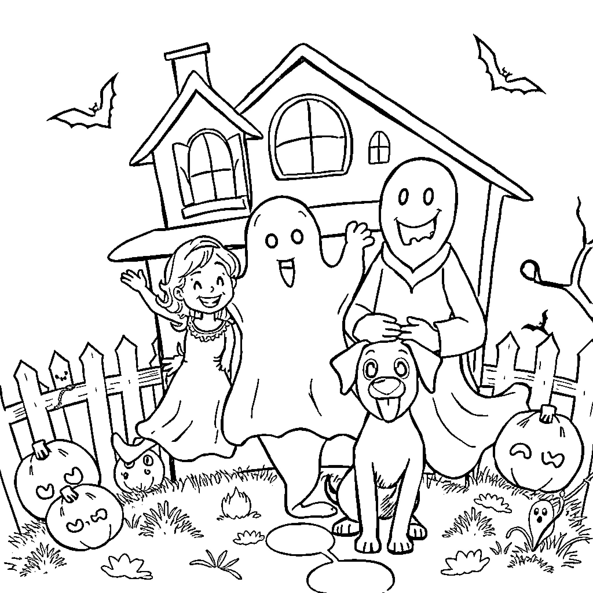 Ghost family enjoys spooky Halloween celebration Coloring Page (free black-and-white line drawing printable PDF for all, from beginners to advanced learners, including children, teens, adults, and seniors)