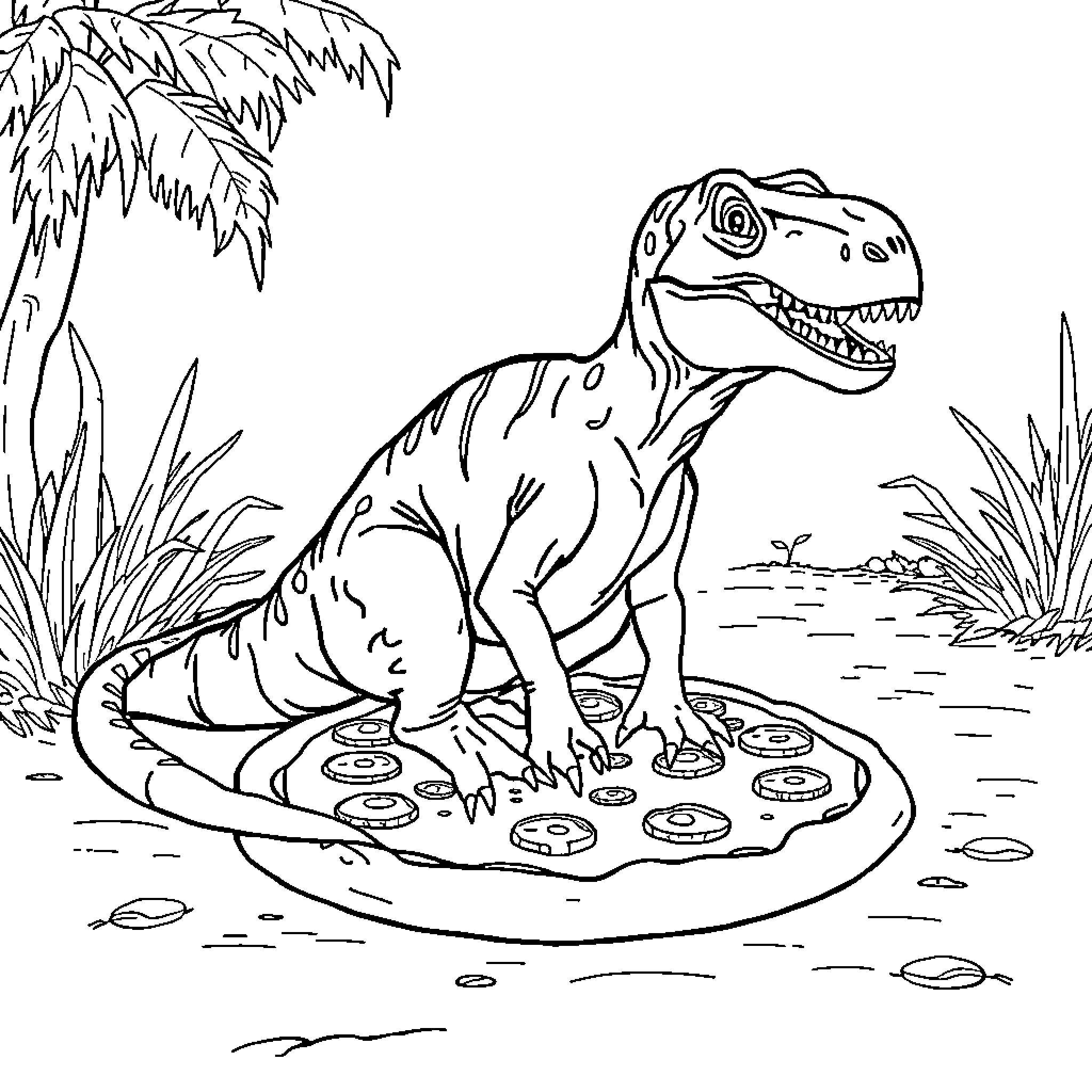 Velociraptor hunting in the wild Coloring Page (free black-and-white line drawing printable PDF for all, from beginners to advanced learners, including children, teens, adults, and seniors)