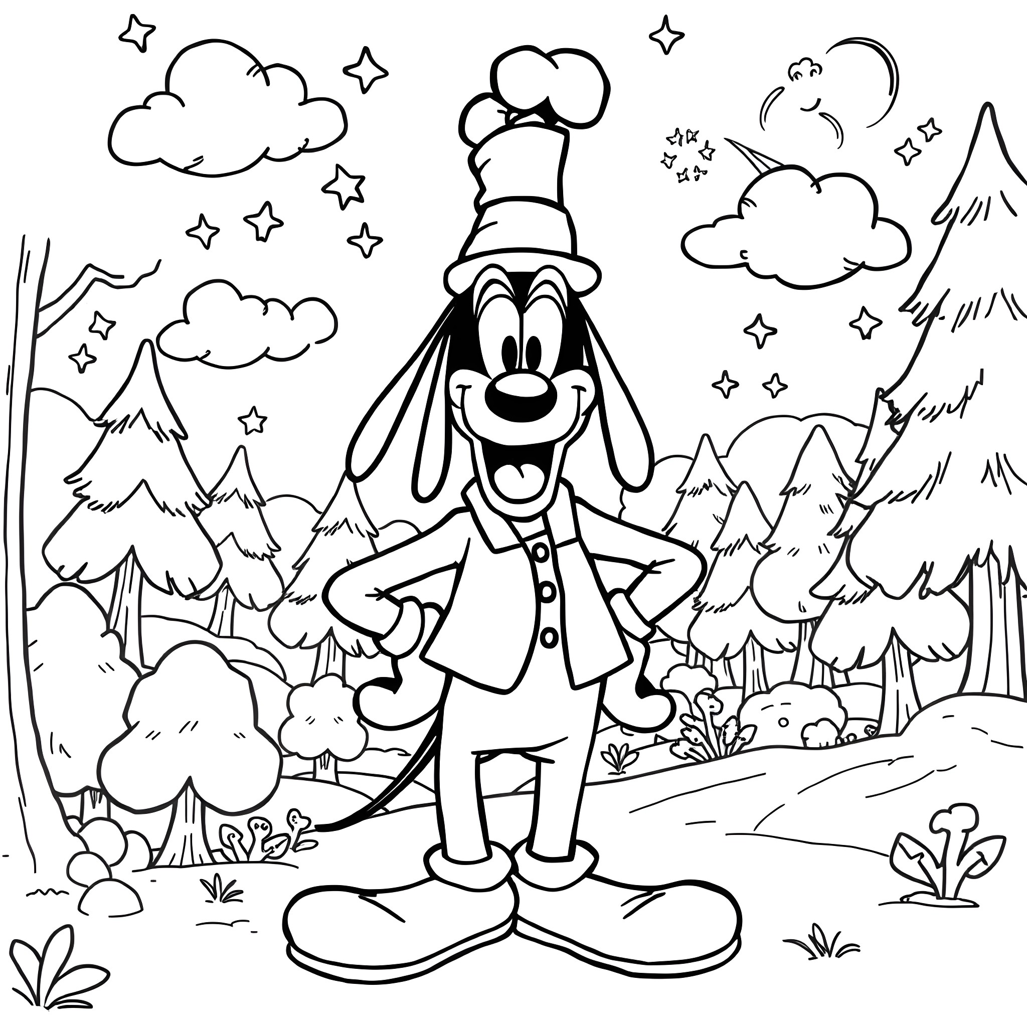 Goofy character exploring a whimsical forest landscape Coloring Page (free black-and-white line drawing printable PDF for all, from beginners to advanced learners, including children, teens, adults, and seniors)