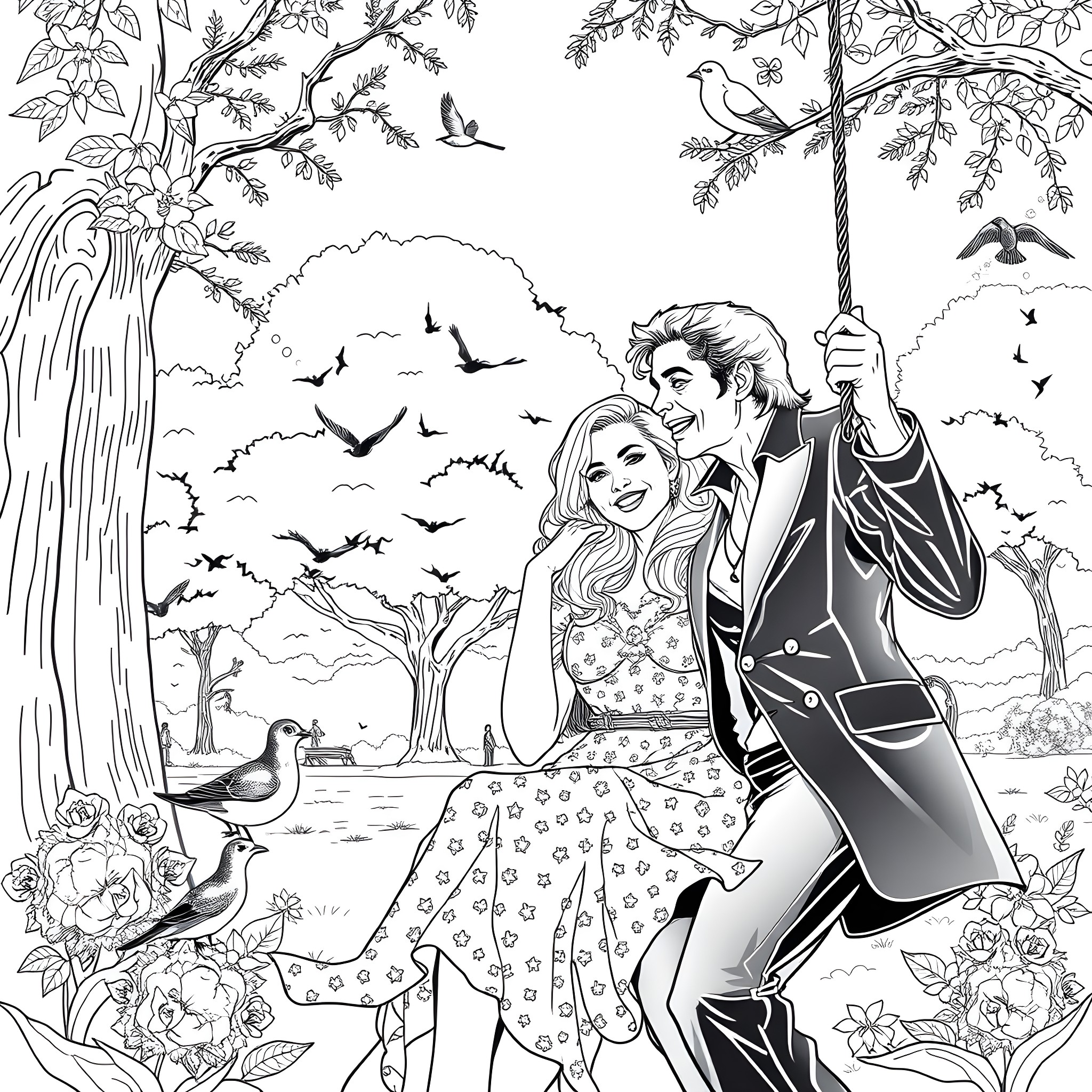 Michael Jackson and Bride Dancing in Romantic Forest Coloring Page (free black-and-white line drawing printable PDF for all, from beginners to advanced learners, including children, teens, adults, and seniors)